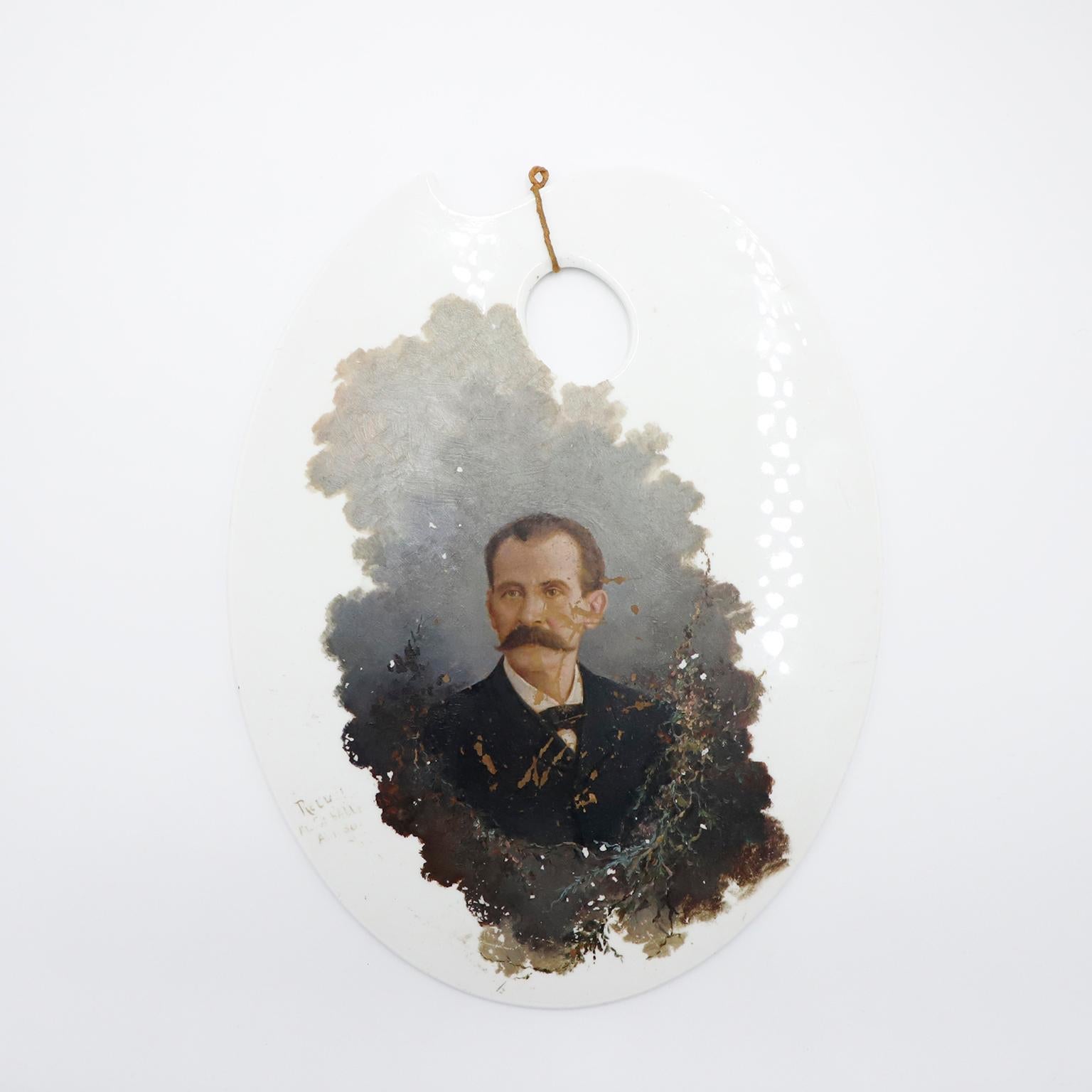 Mexican Oil Portrait on Large Antique Oval Ceramic Artists' Palette For Sale