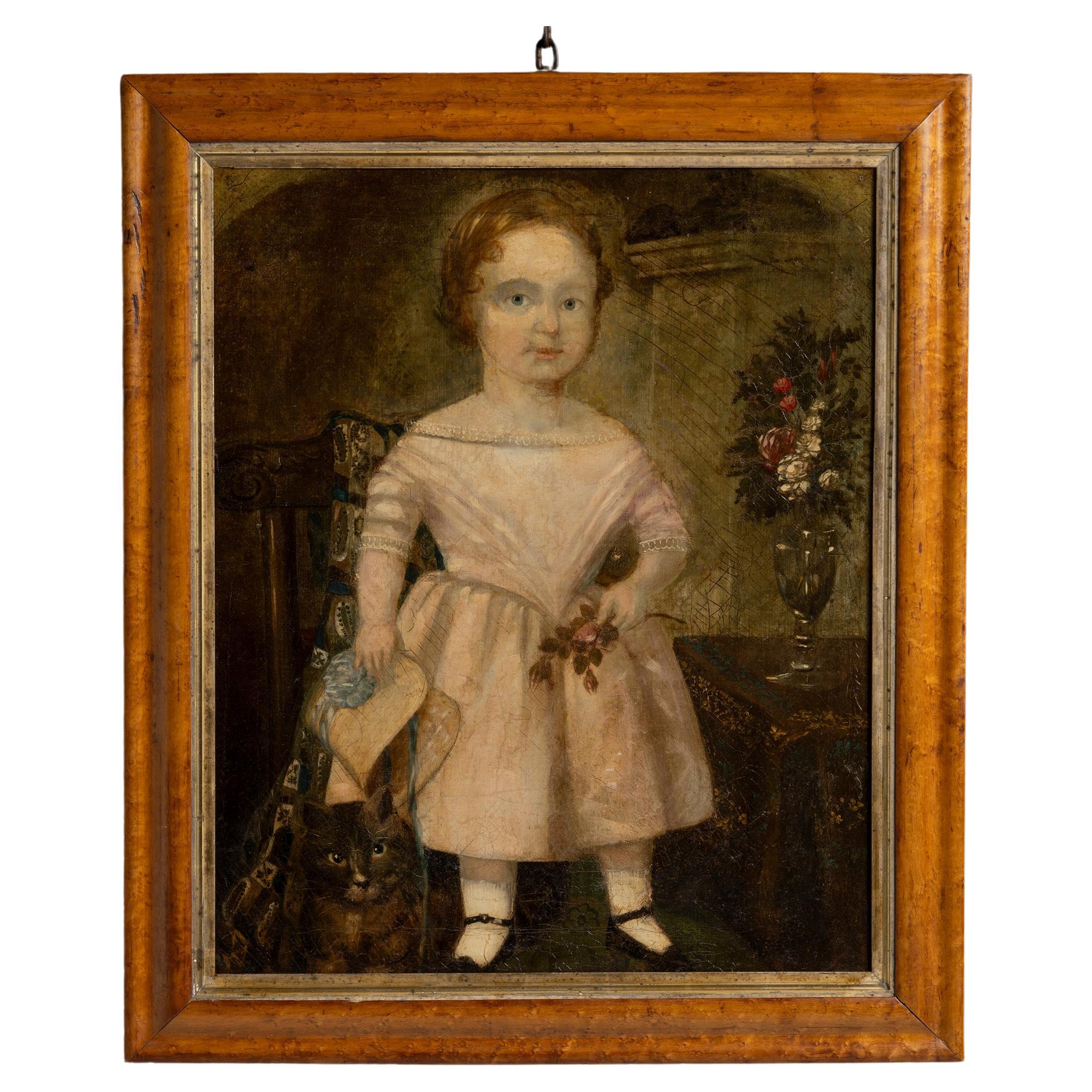 Oil Portrait Painting of a Young Girl, England 1800 For Sale