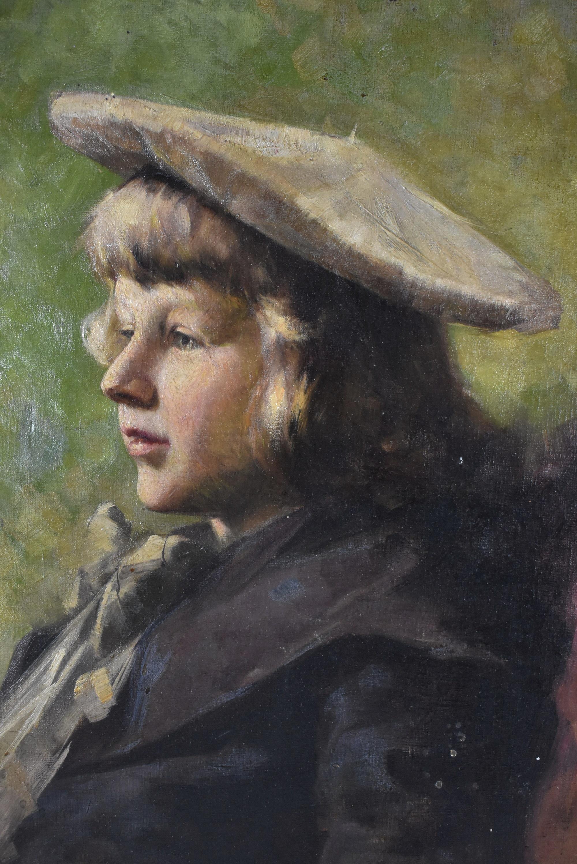Oil on canvas of a young man by Ukrainian artist Iwan Tusz 1869-1941. Has had a small repair. Frame has some damage. Image size measures 15.57