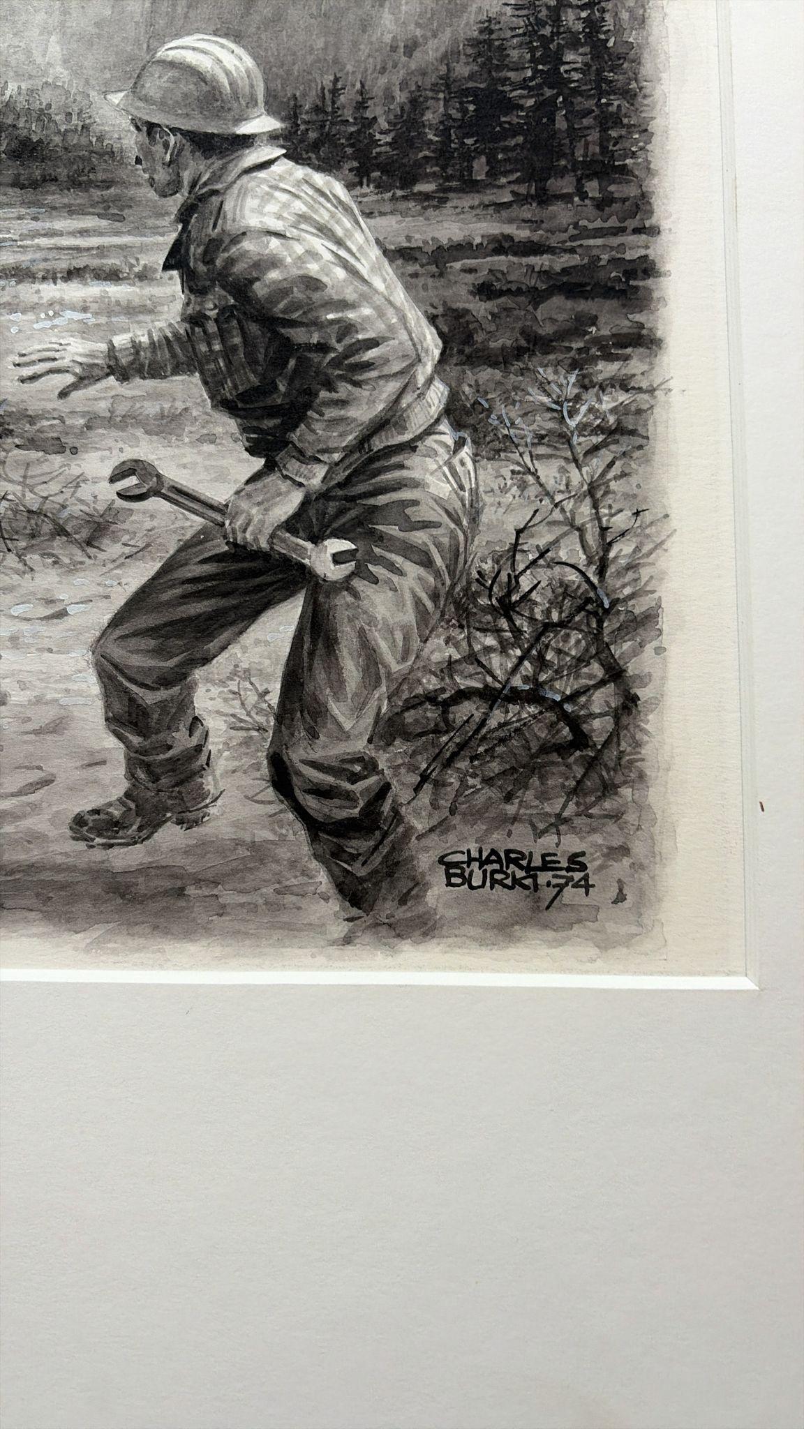 Scena di disastro della piattaforma petrolifera di Charles Burki, 1974 - Illustrazione industriale drammatica

Questo sorprendente disegno originale a guazzo e inchiostro di Charles Burki (1909-1994), firmato e datato 1974, cattura un intenso