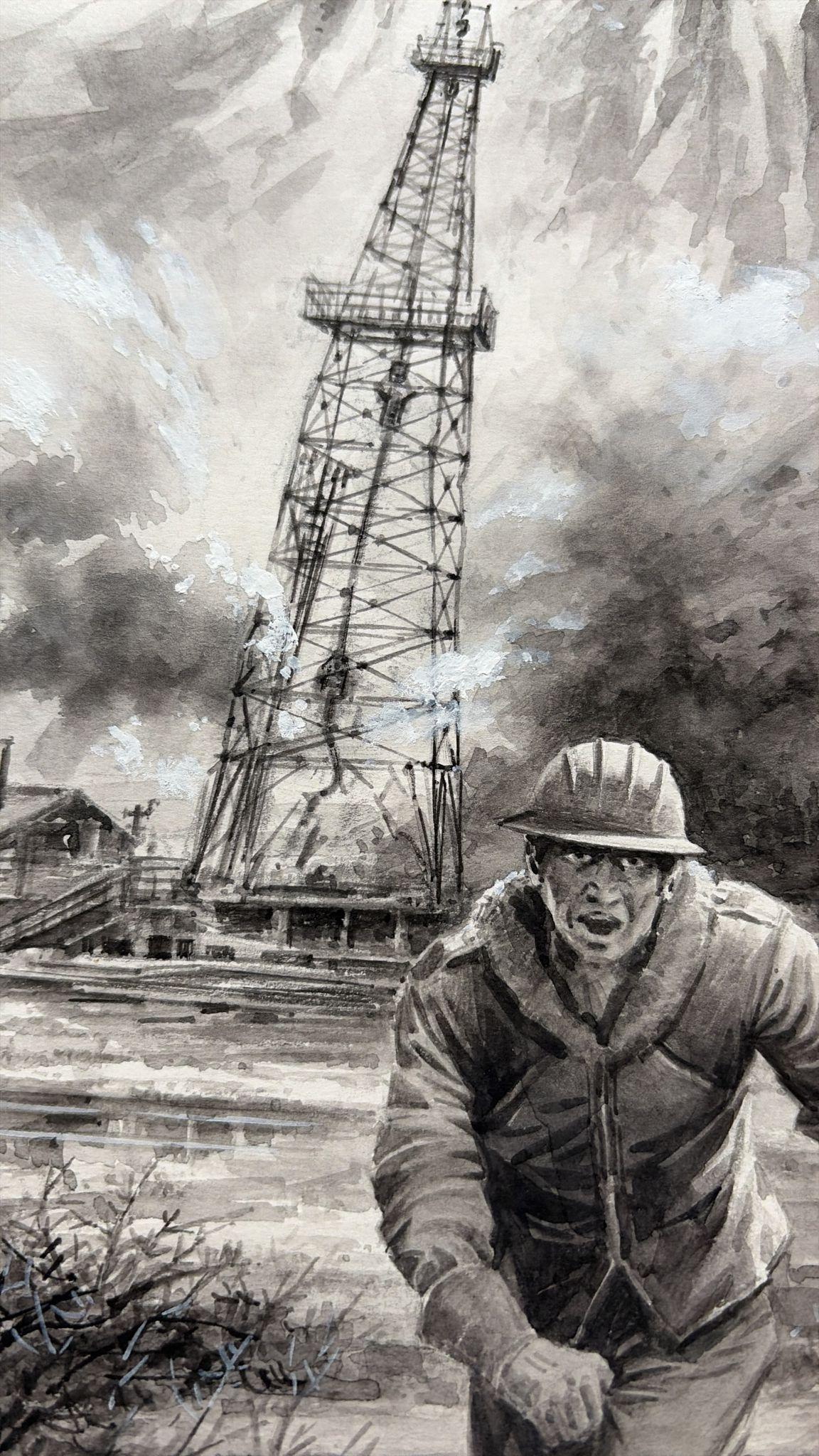 Olandese Scena di disastro della piattaforma petrolifera di Charles Burki, 1974 - Illustrazione industriale drammatica in vendita