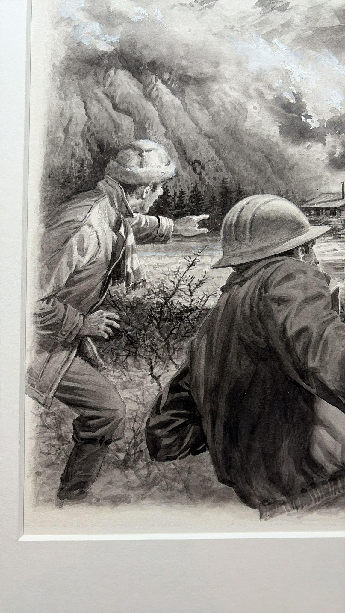 Scena di disastro della piattaforma petrolifera di Charles Burki, 1974 - Illustrazione industriale drammatica In condizioni buone in vendita a Langweer, NL