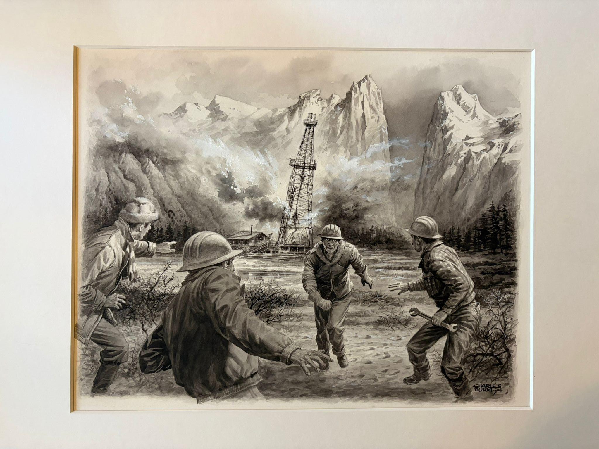 Fine XX secolo Scena di disastro della piattaforma petrolifera di Charles Burki, 1974 - Illustrazione industriale drammatica in vendita