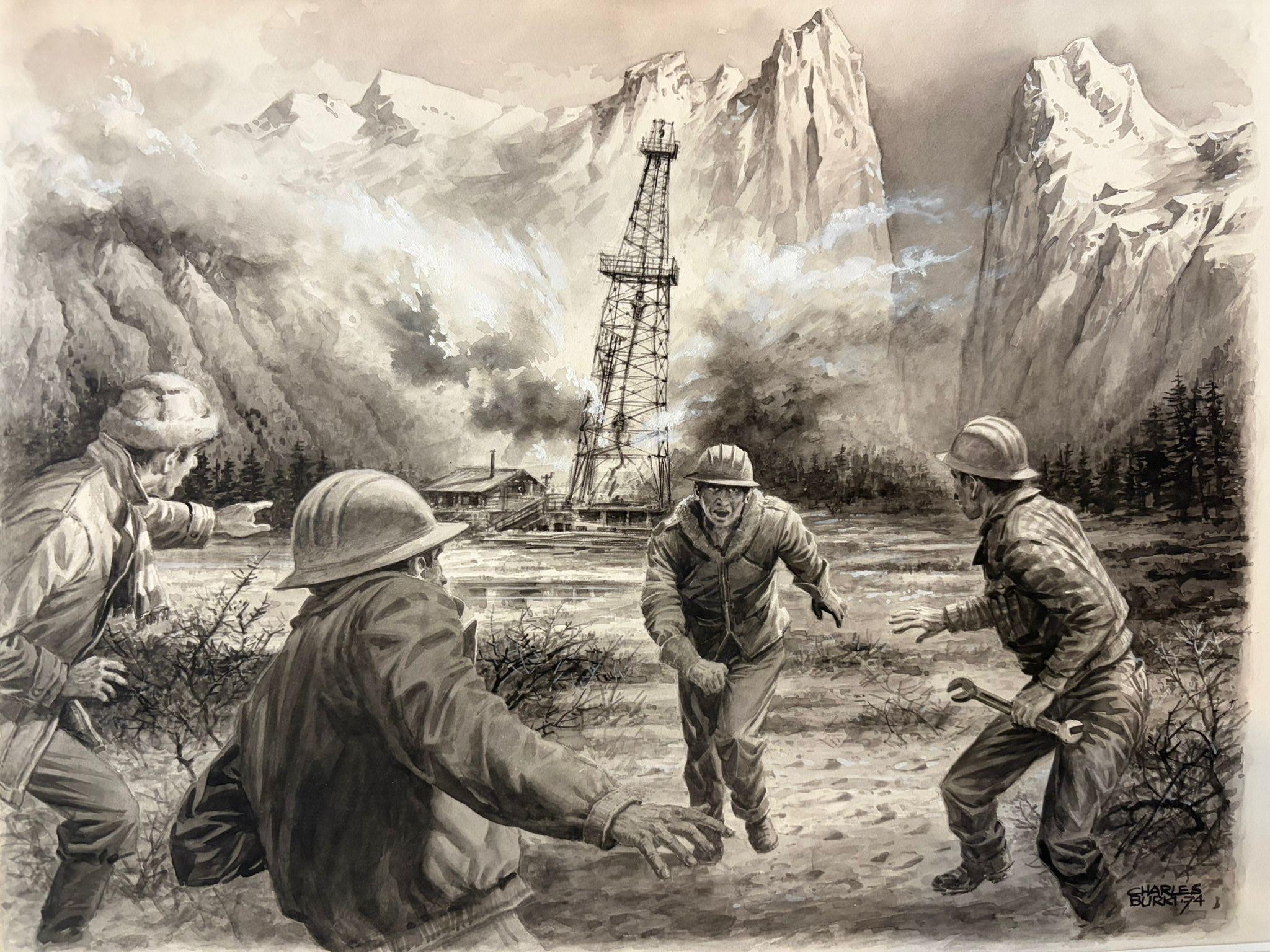 Carta Scena di disastro della piattaforma petrolifera di Charles Burki, 1974 - Illustrazione industriale drammatica in vendita