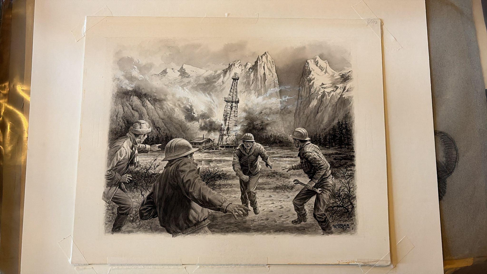 Scena di disastro della piattaforma petrolifera di Charles Burki, 1974 - Illustrazione industriale drammatica in vendita 1