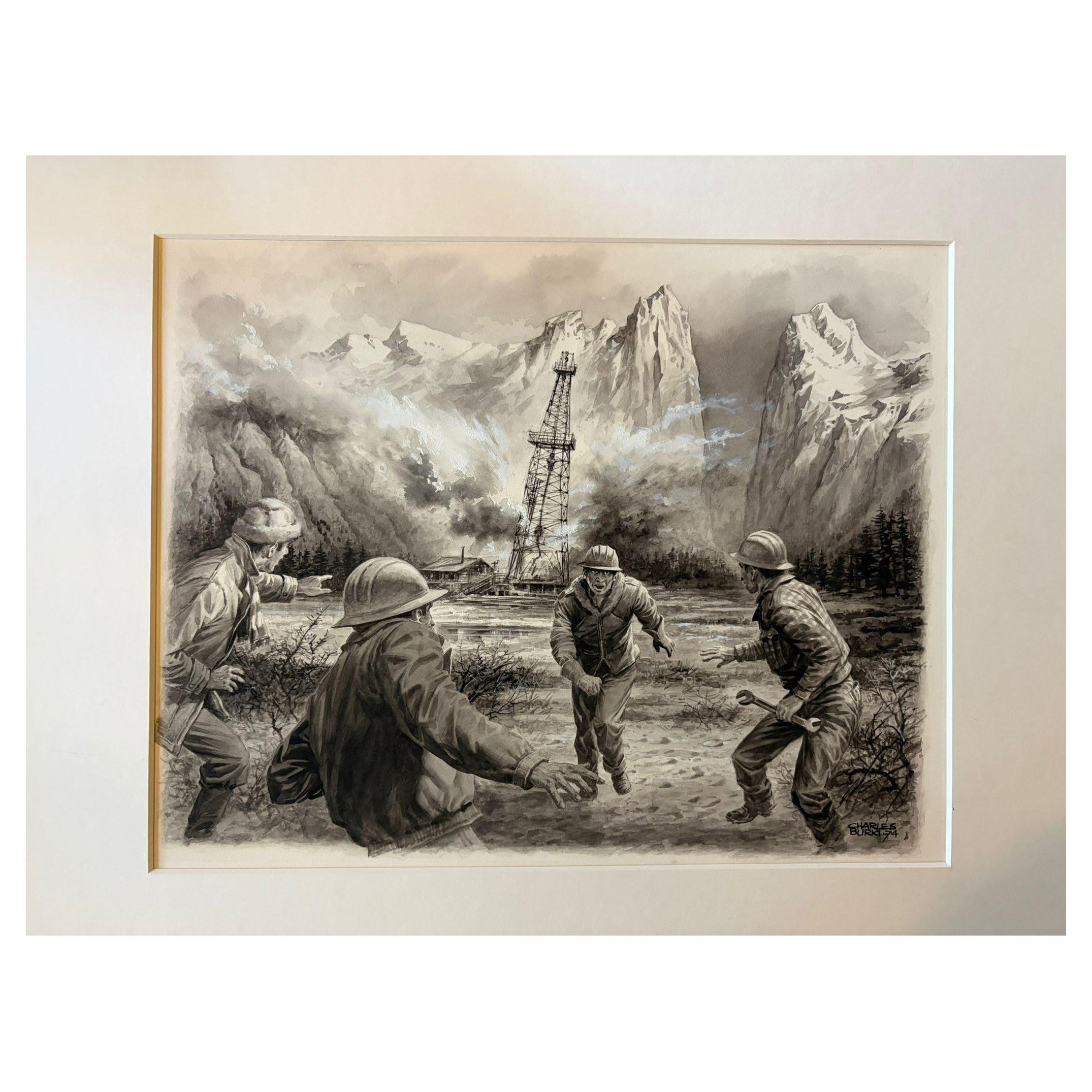 Bohrinselkatastrophe von Charles Burki, 1974 - Dramatische Industrieillustration