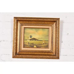 Oil Rural Landscape Painting of "Barn in Afternoon" in Carved Giltwood Frame
