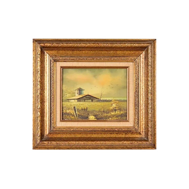 Oil Rural Landscape Painting of "Barn in Afternoon" in Carved Giltwood Frame