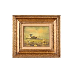 Oil Rural Landscape Painting of "Barn in Afternoon" in Carved Giltwood Frame