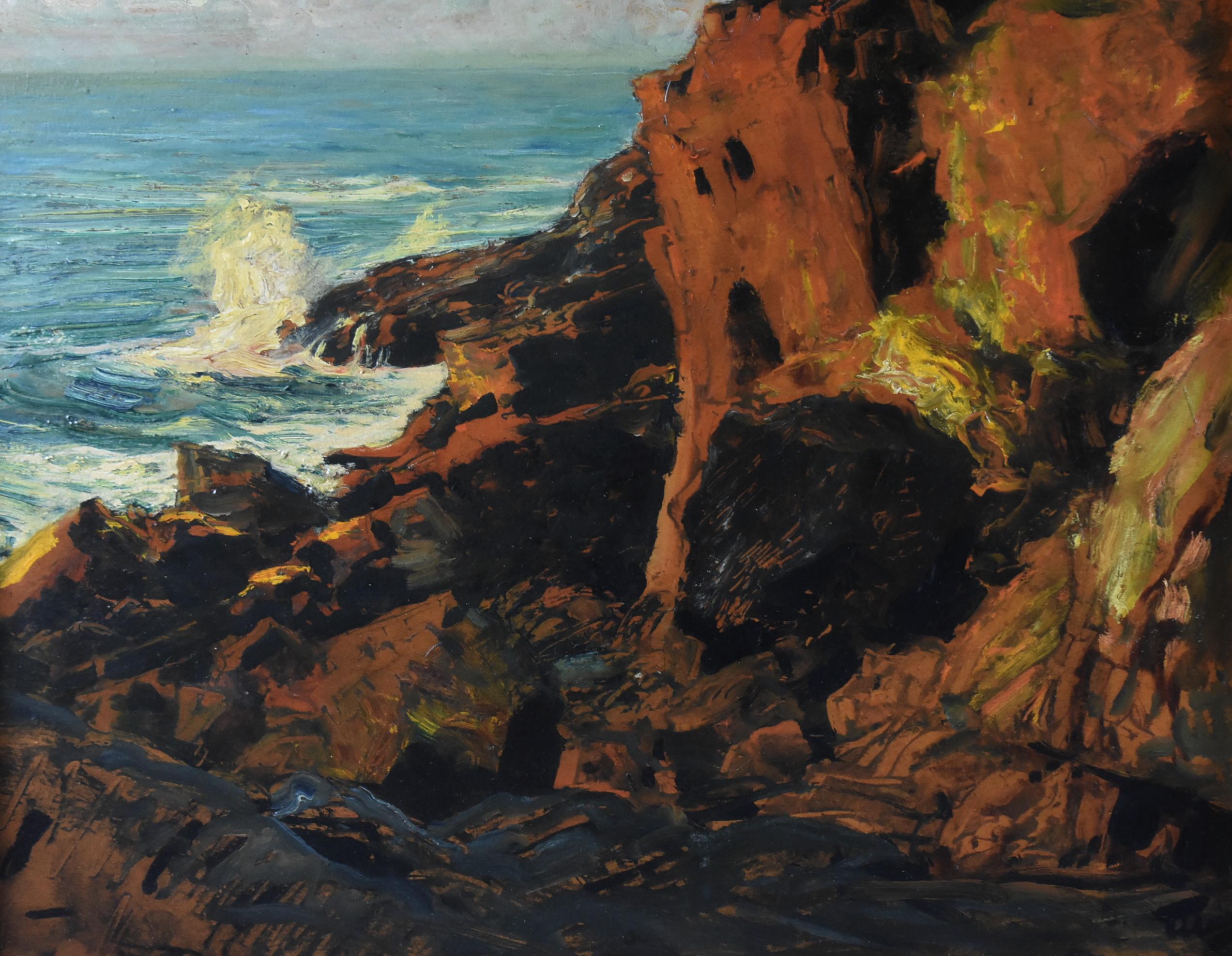Huile marine de Frederick Judd Waugh (1861-1940). Les vagues s'écrasent contre les falaises dans ce paysage marin dramatique à bord, avec des nuances de rouille et de bleu vert. Signé en bas à droite. Taille totale 19 1/4