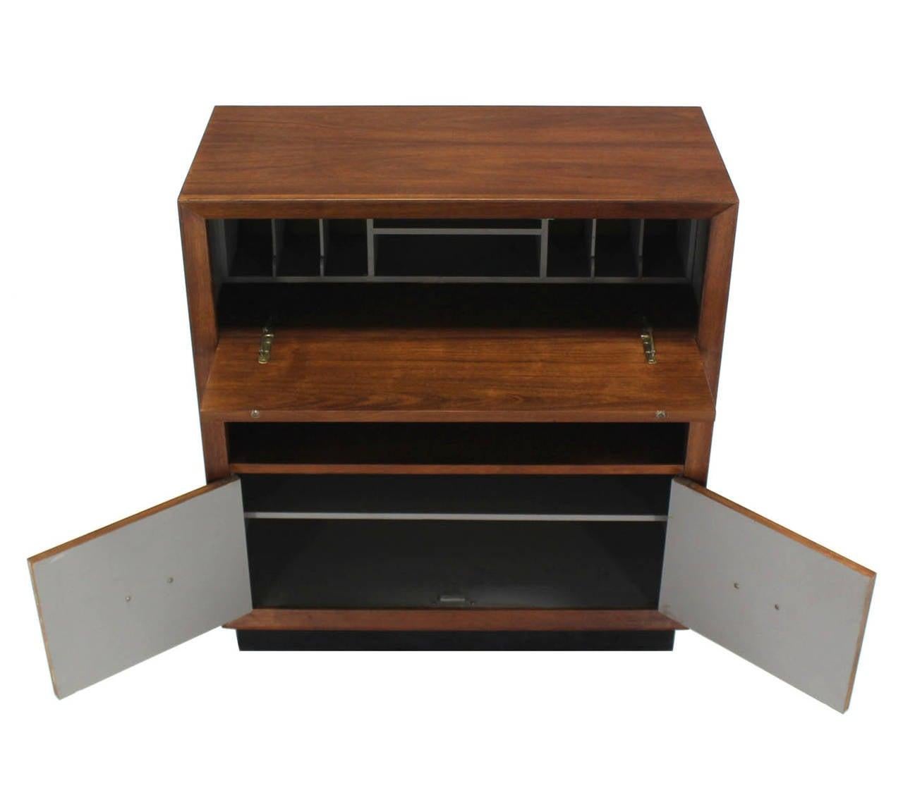 Lacquered Oiled Medium Walnut Mid Century Modern Art Deco Drop Down Desk Secretary Cabinet For Sale