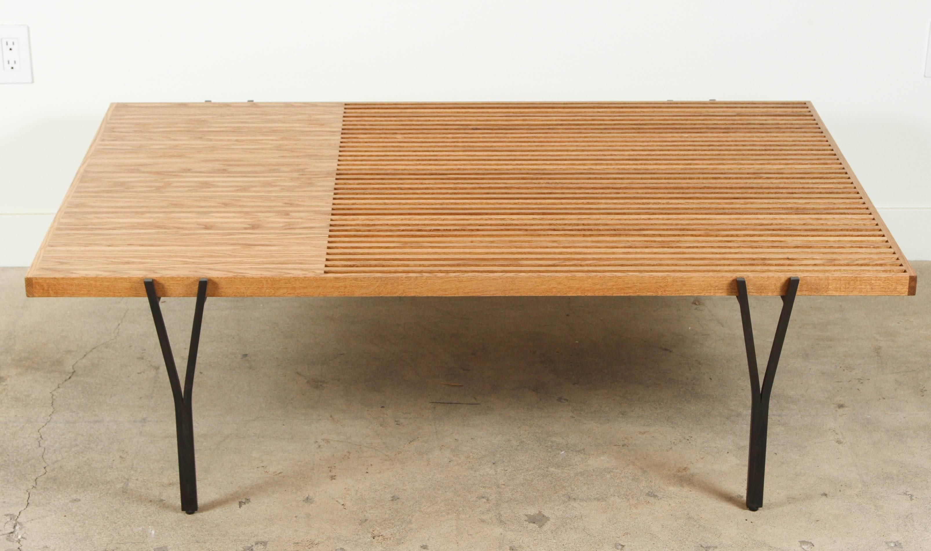 Oiled Oak and Black Steel Y-Leg Coffee Table by Lawson-Fenning In New Condition In Los Angeles, CA