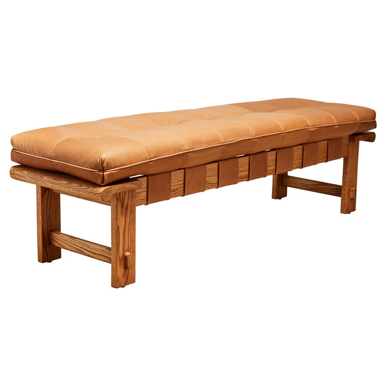 Oiled Oak And Tan Leather Ojai Bench By, Long Leather Bench Cushion