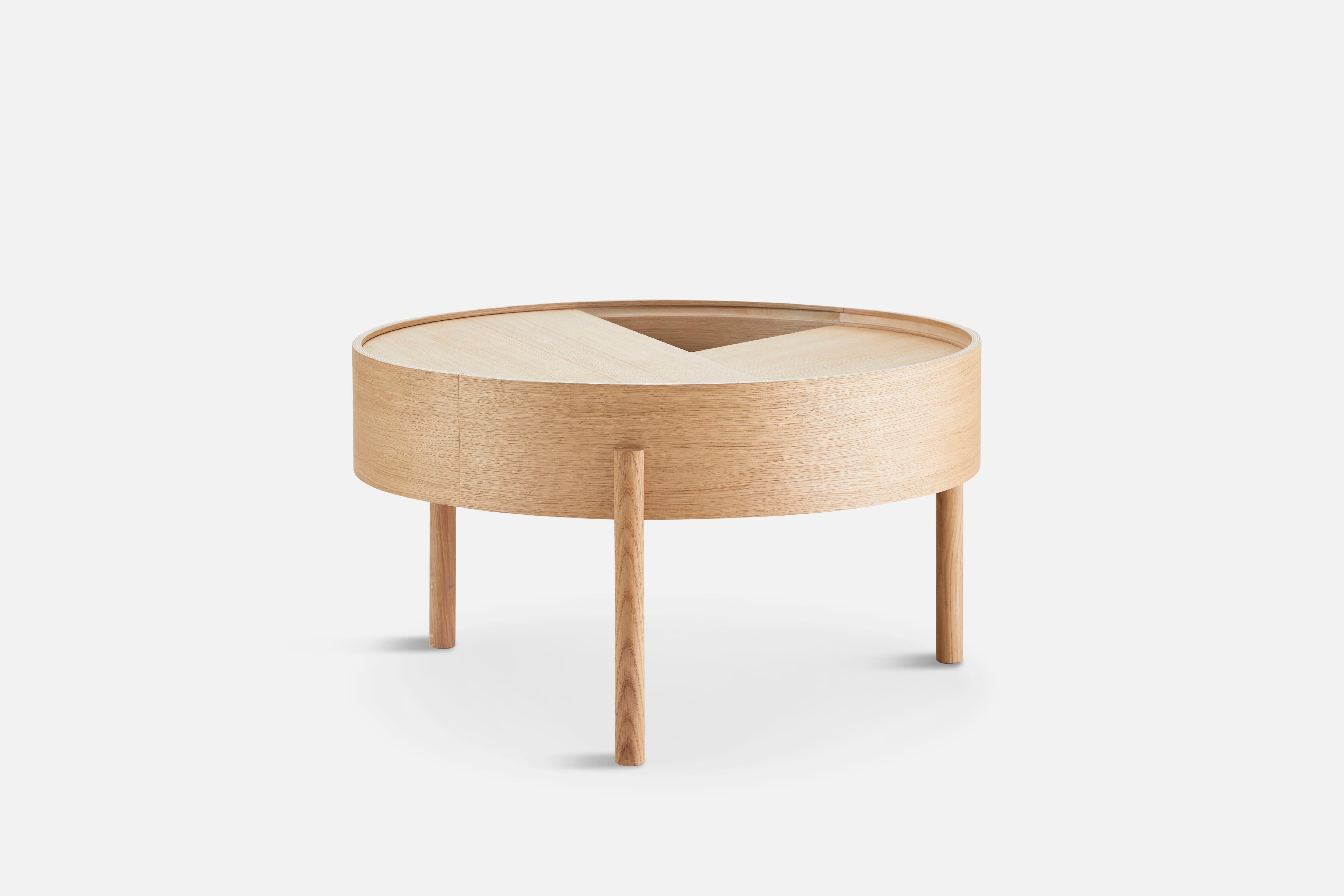 Oiled oak arc side table 66 by Ditte Vad and Julie Bertrup
Materials: oak, nano laminate
Dimensions: D 66 x W 66 x H 38 cm
Also available in different sizes and materials: ash, oak, walnut, venner with solid ash/oak, walnut legs.

The founders,