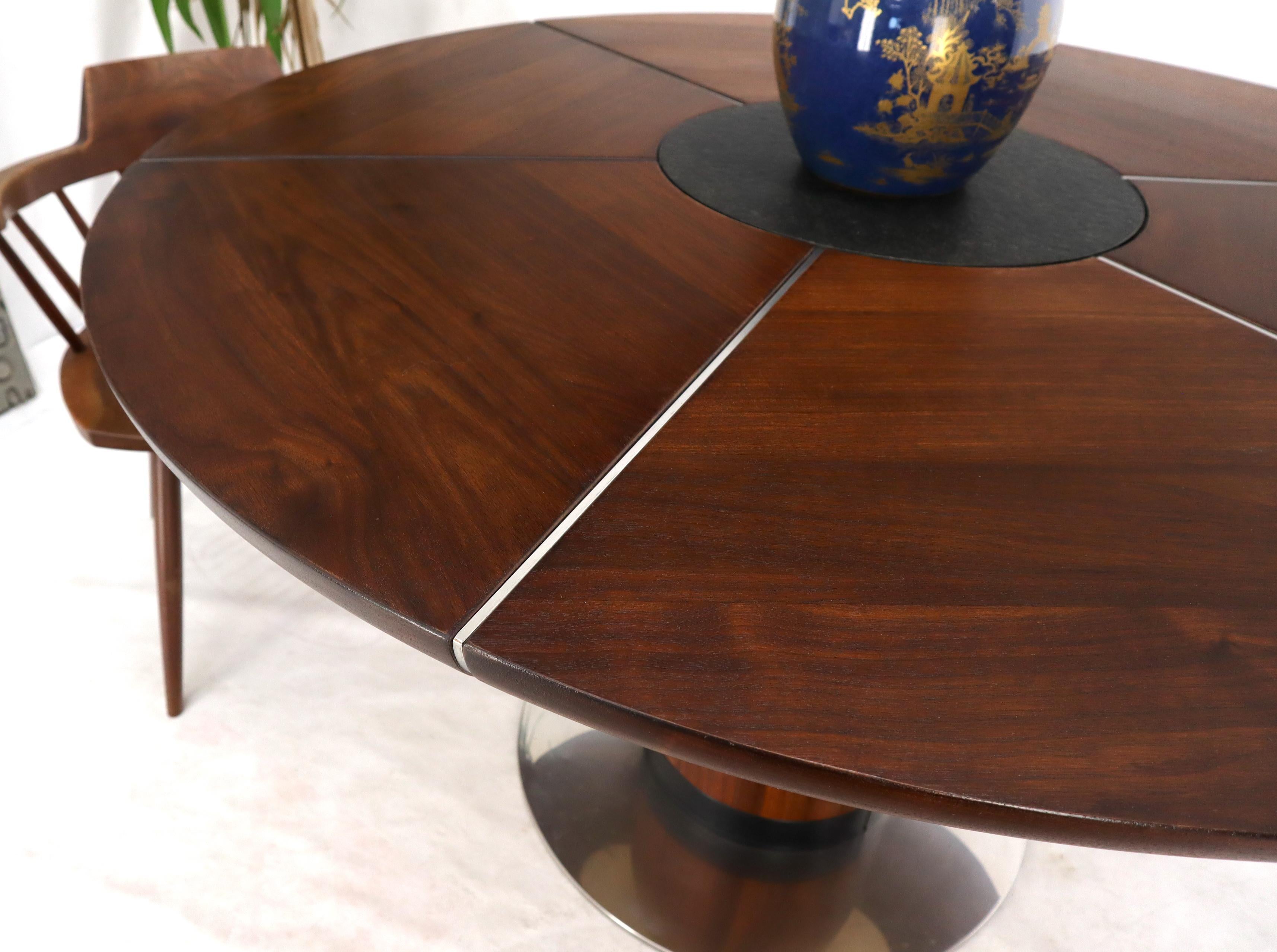 Outstanding quality studio made round pedestal thick walnut top dining dinette table.