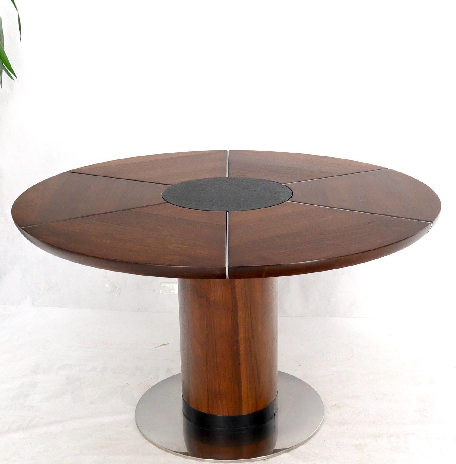 20th Century Oiled Thick Solid Walnut Slate & Stainless Steel Top Round Dining Dinette Table