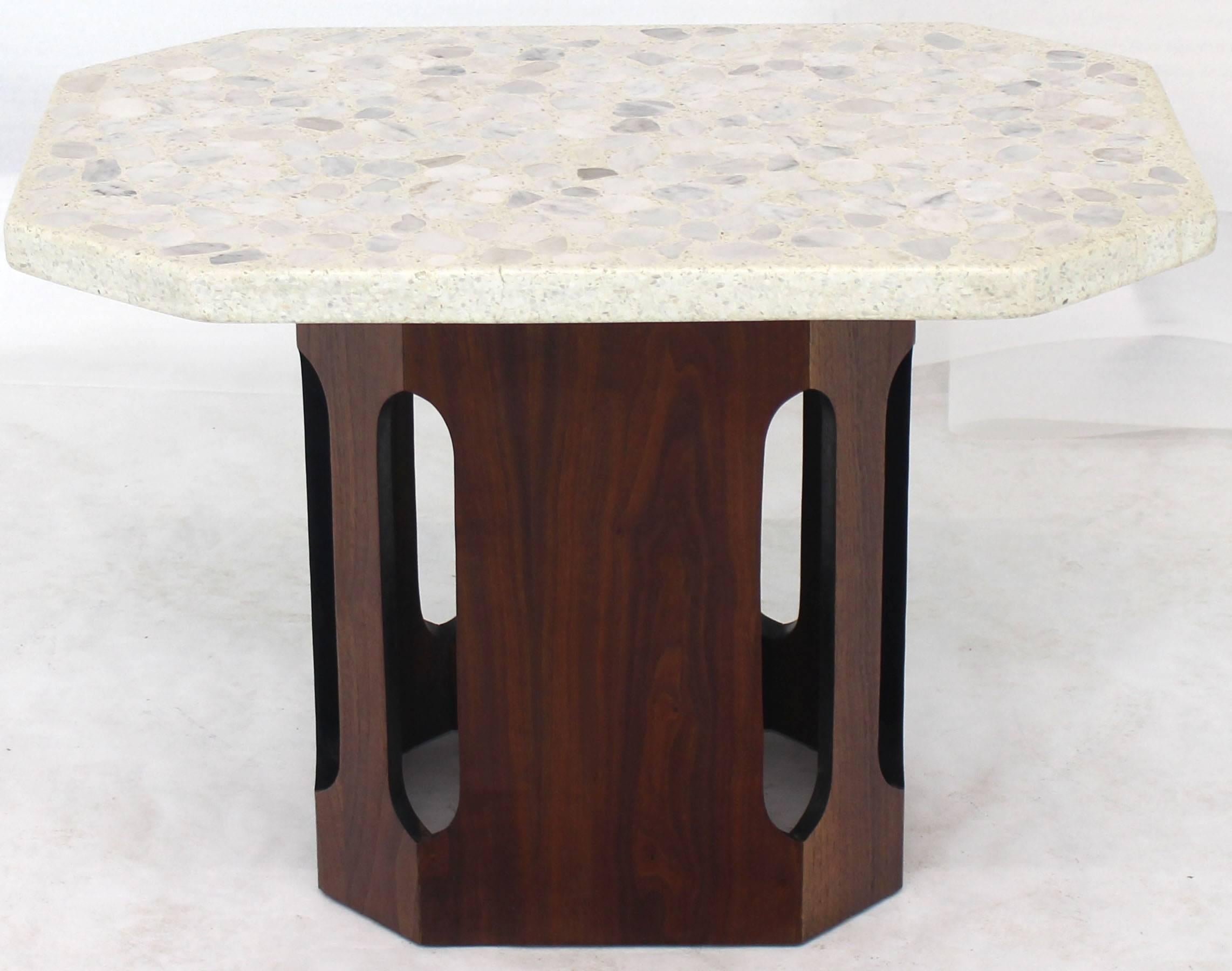 Mid-Century Modern walnut base terrazzo top occasional side table.