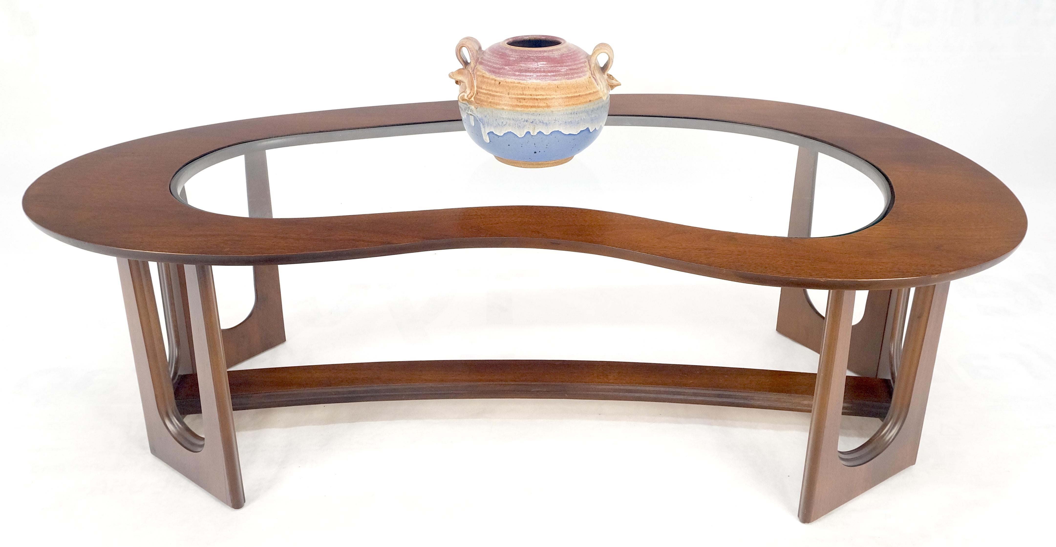 Oiled Walnut Boomerang Kidney Shape Glass Top Stretcher Base Coffee Table Mint! For Sale 4