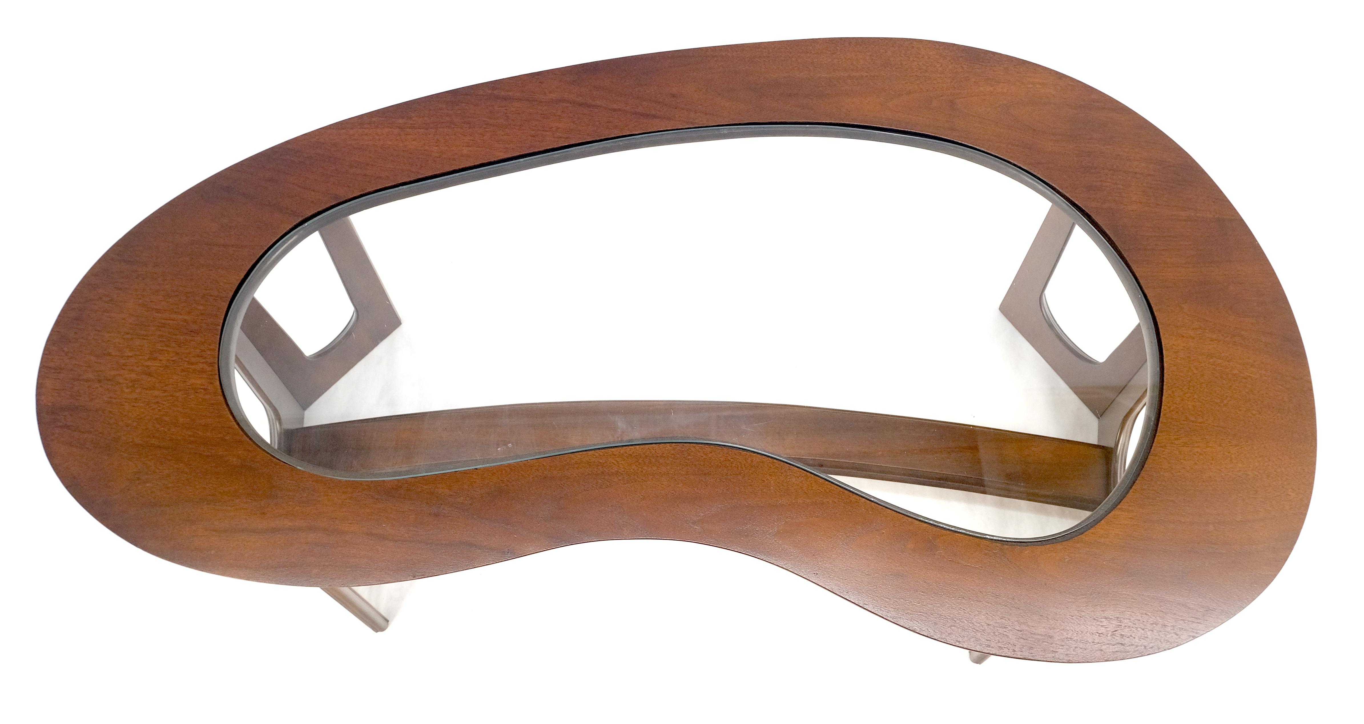 Oiled Walnut Boomerang Kidney Shape Glass Top Stretcher Base Coffee Table Mint! For Sale 7