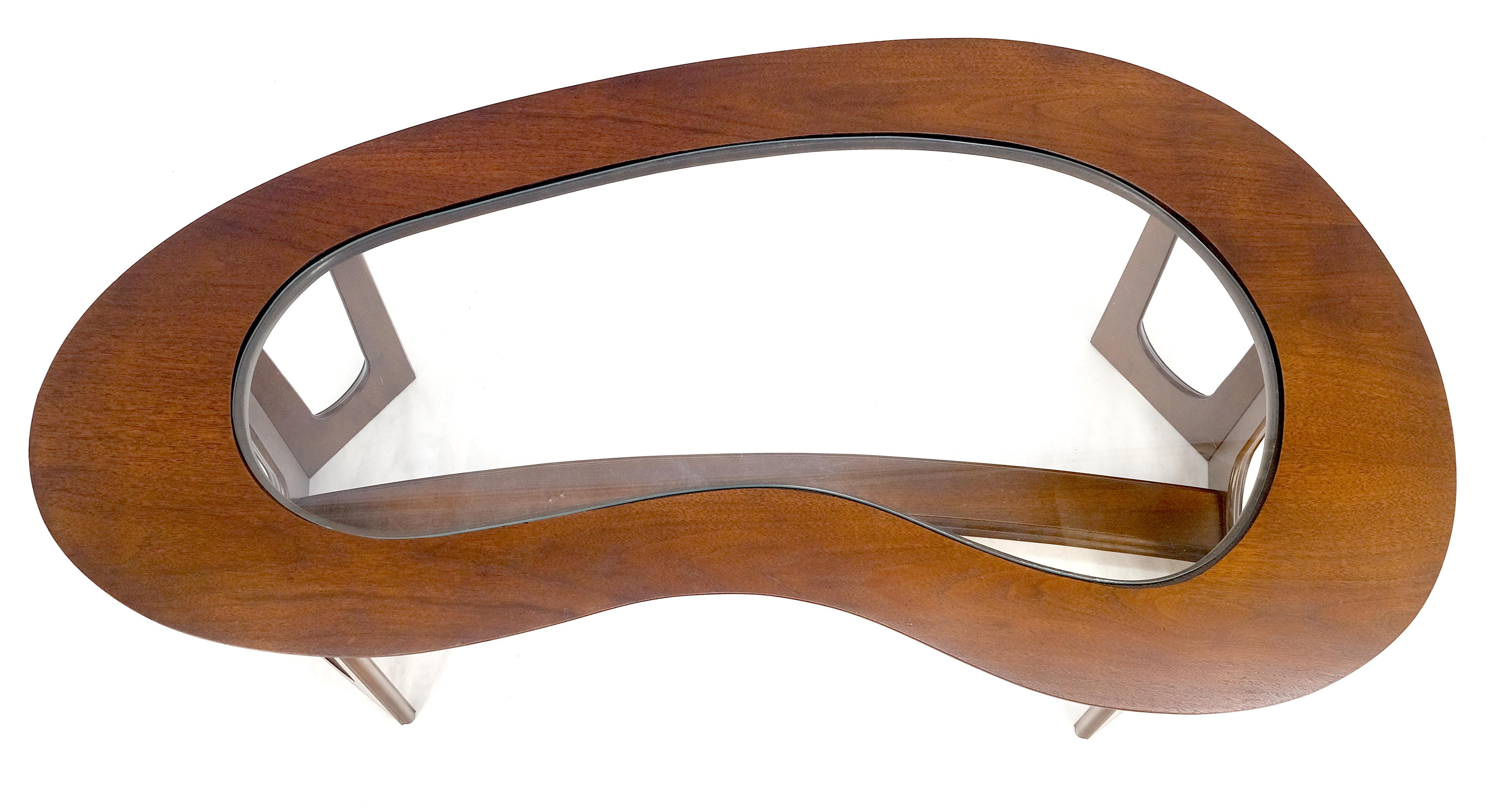 Oiled Walnut Boomerang Kidney Shape Glass Top Stretcher Base Coffee Table Mint! For Sale 8
