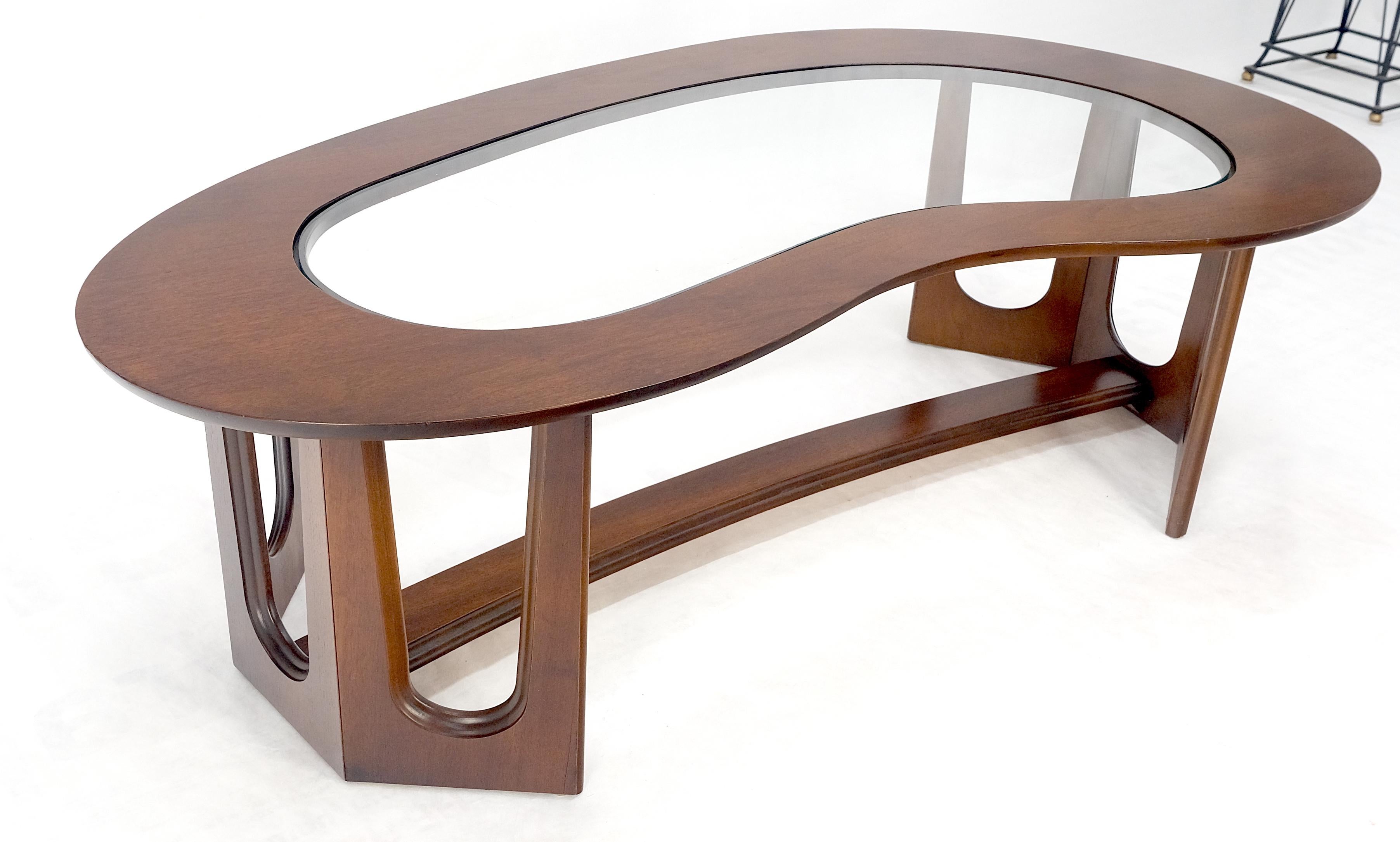 Lacquered Oiled Walnut Boomerang Kidney Shape Glass Top Stretcher Base Coffee Table Mint! For Sale