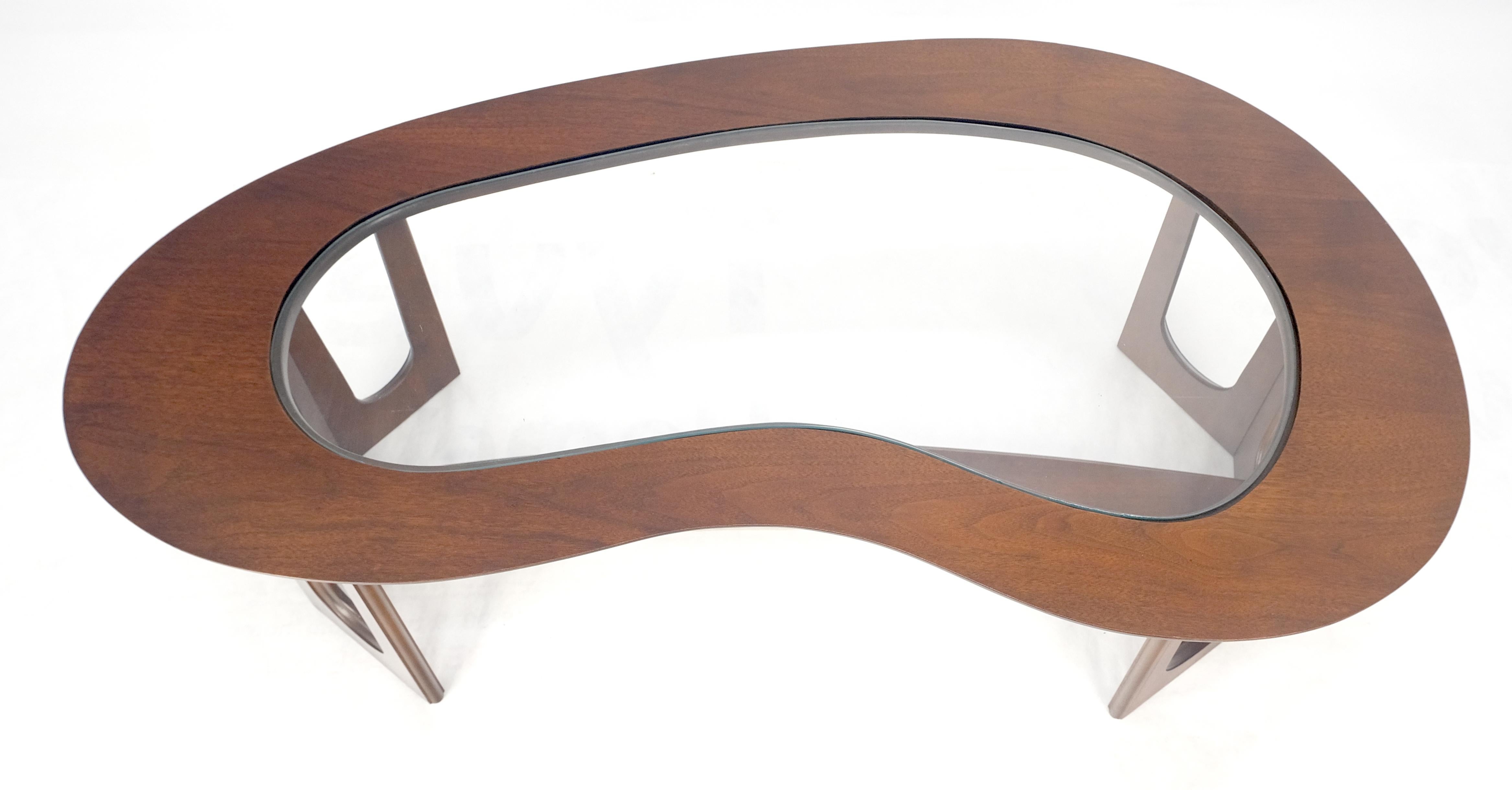 Oiled Walnut Boomerang Kidney Shape Glass Top Stretcher Base Coffee Table Mint! For Sale 1