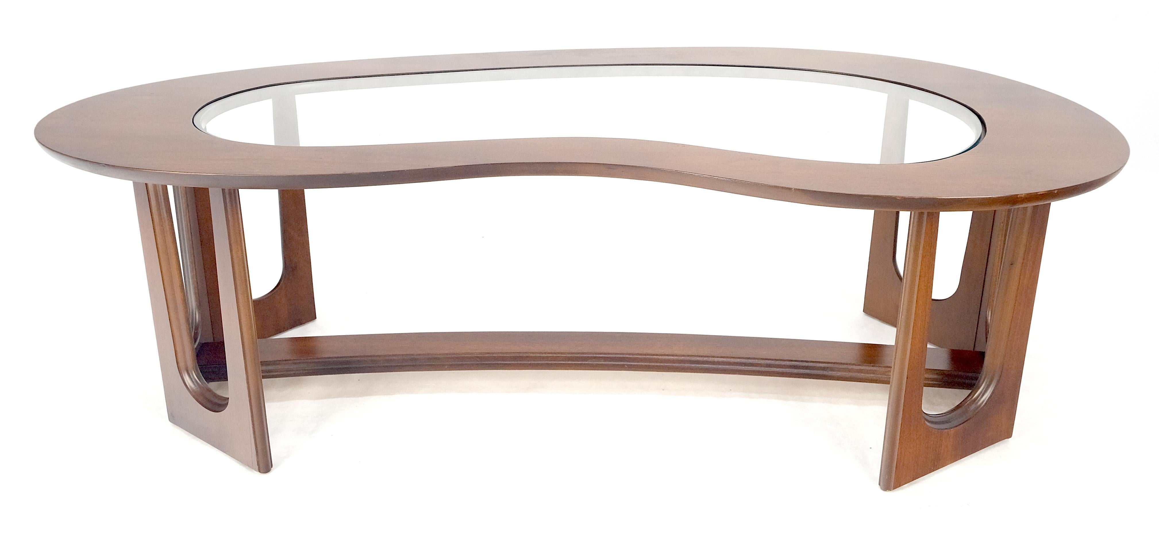 Oiled Walnut Boomerang Kidney Shape Glass Top Stretcher Base Coffee Table Mint! For Sale 2