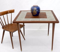 Oiled Walnut Decorative Art Tile Top Game Table on Tapered Legs Brass Tips
