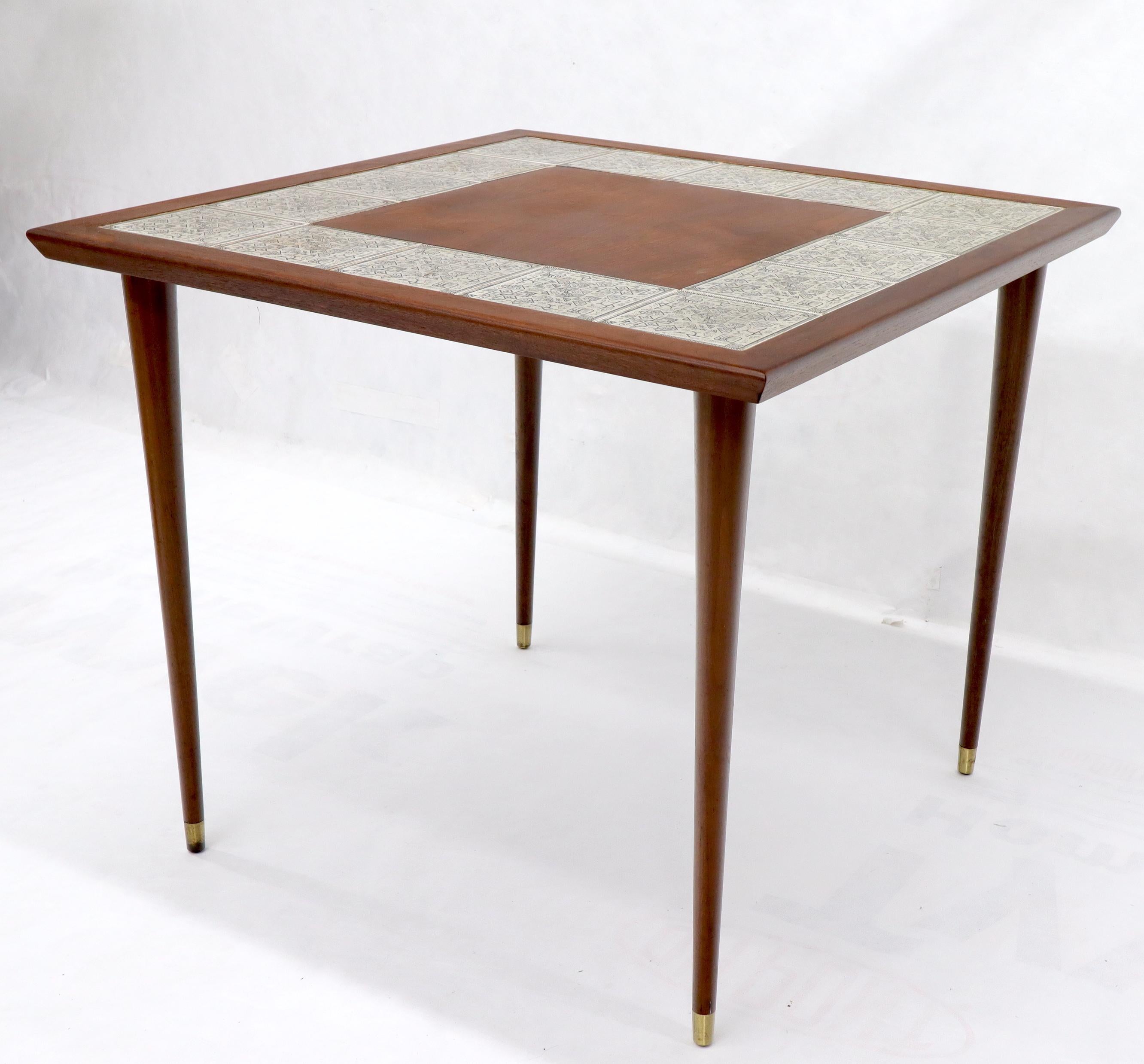 Mid-Century Modern Oiled Walnut Decorative Art Tile Top Game Table on Tapered Legs Brass Tips