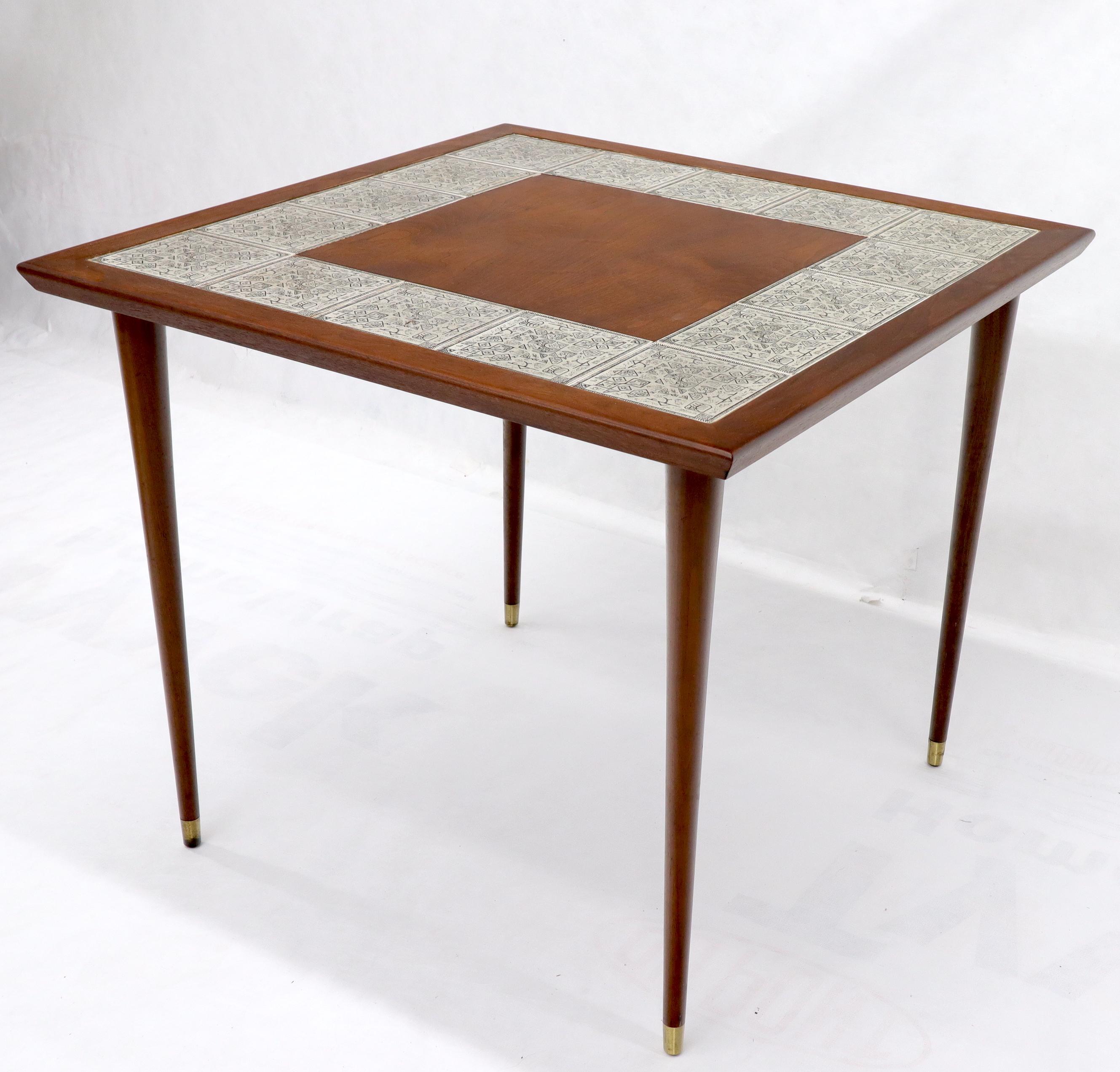 American Oiled Walnut Decorative Art Tile Top Game Table on Tapered Legs Brass Tips