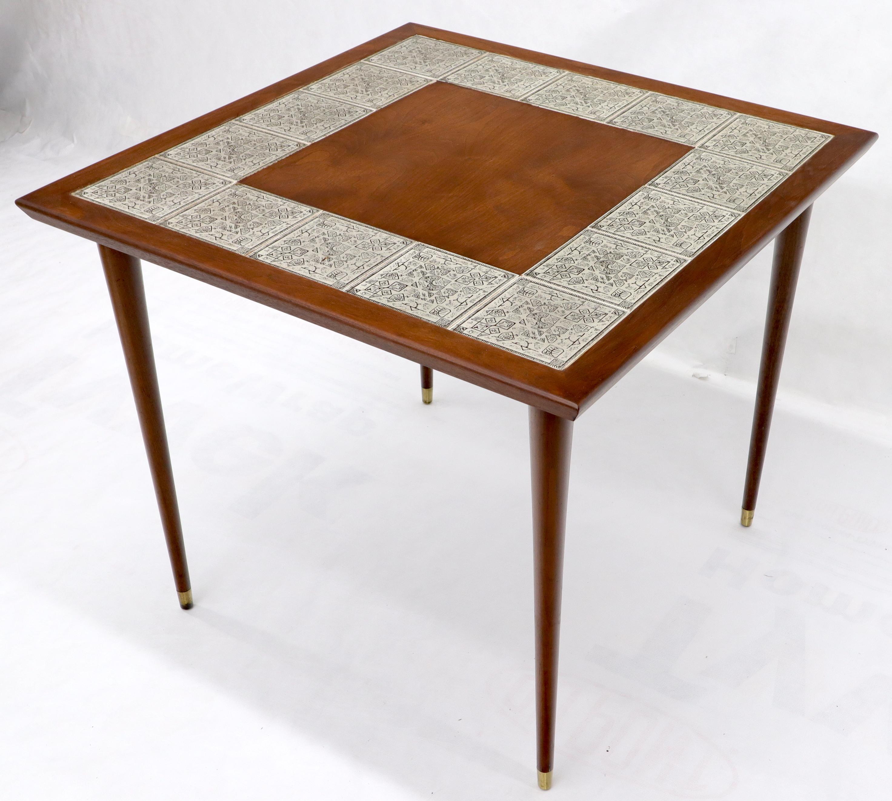 Oiled Walnut Decorative Art Tile Top Game Table on Tapered Legs Brass Tips In Excellent Condition In Rockaway, NJ