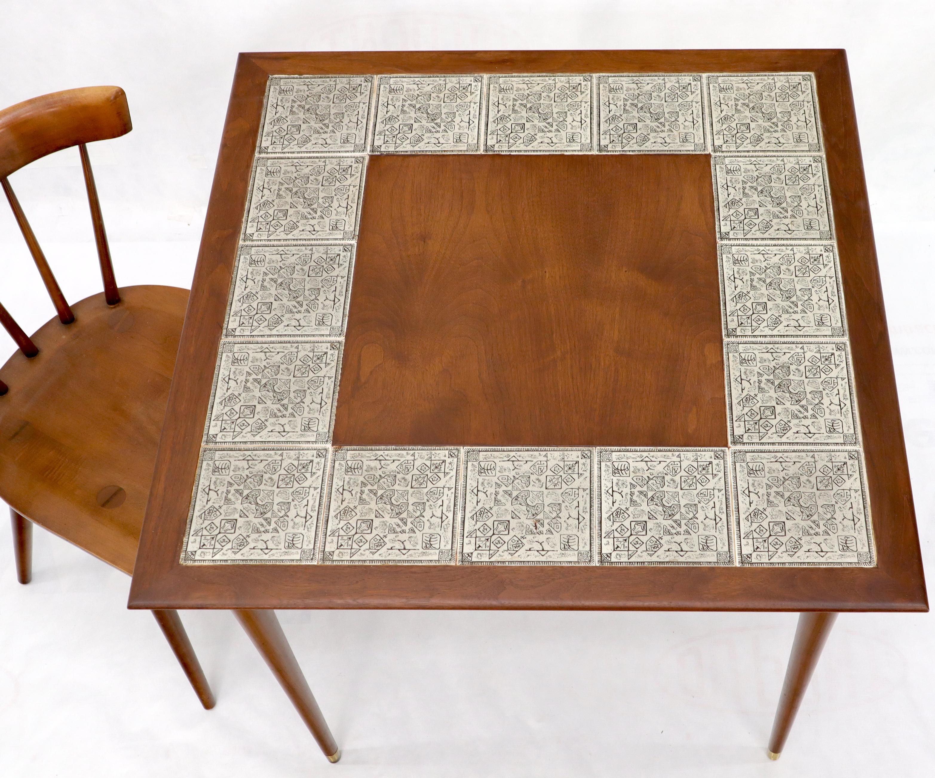 Oiled Walnut Decorative Art Tile Top Game Table on Tapered Legs Brass Tips 1