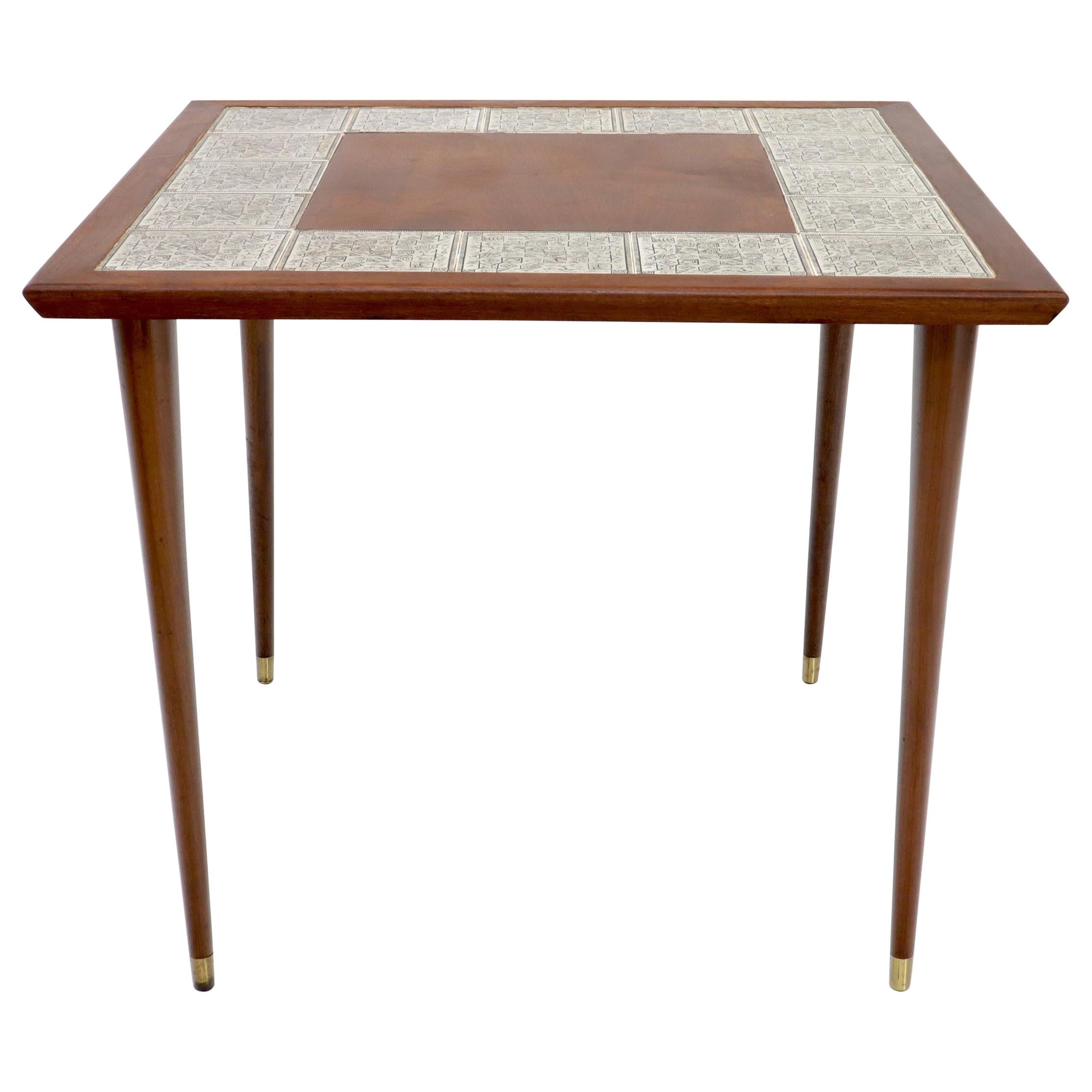 Oiled Walnut Decorative Art Tile Top Game Table on Tapered Legs Brass Tips