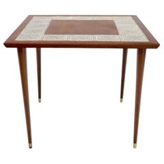 Oiled Walnut Decorative Art Tile Top Game Table on Tapered Legs Brass Tips