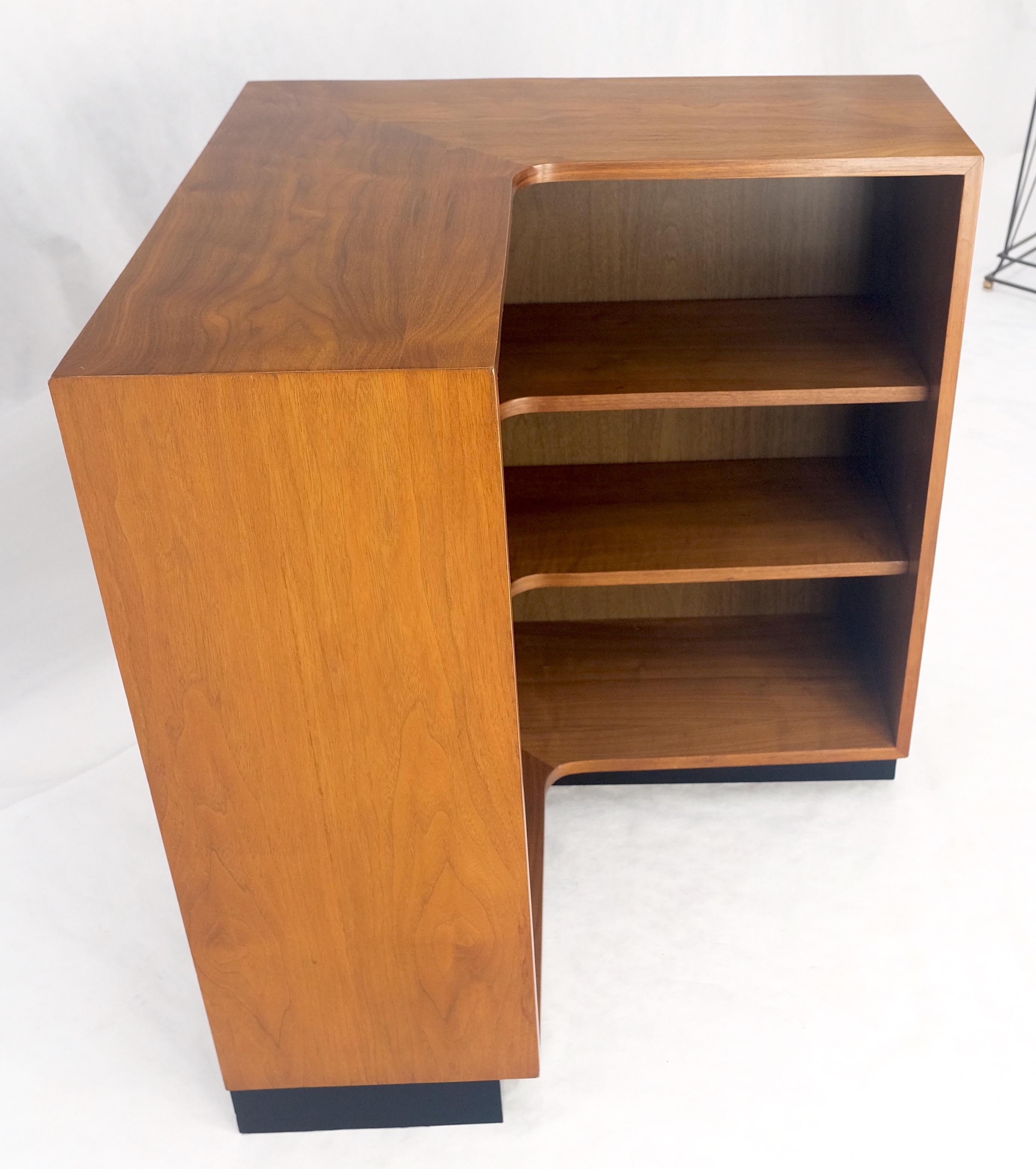 Mid-Century Modern Oiled Walnut Mid Century Modern Back Plinth Base 3 Tier Bookcase Shelves Cabinet For Sale