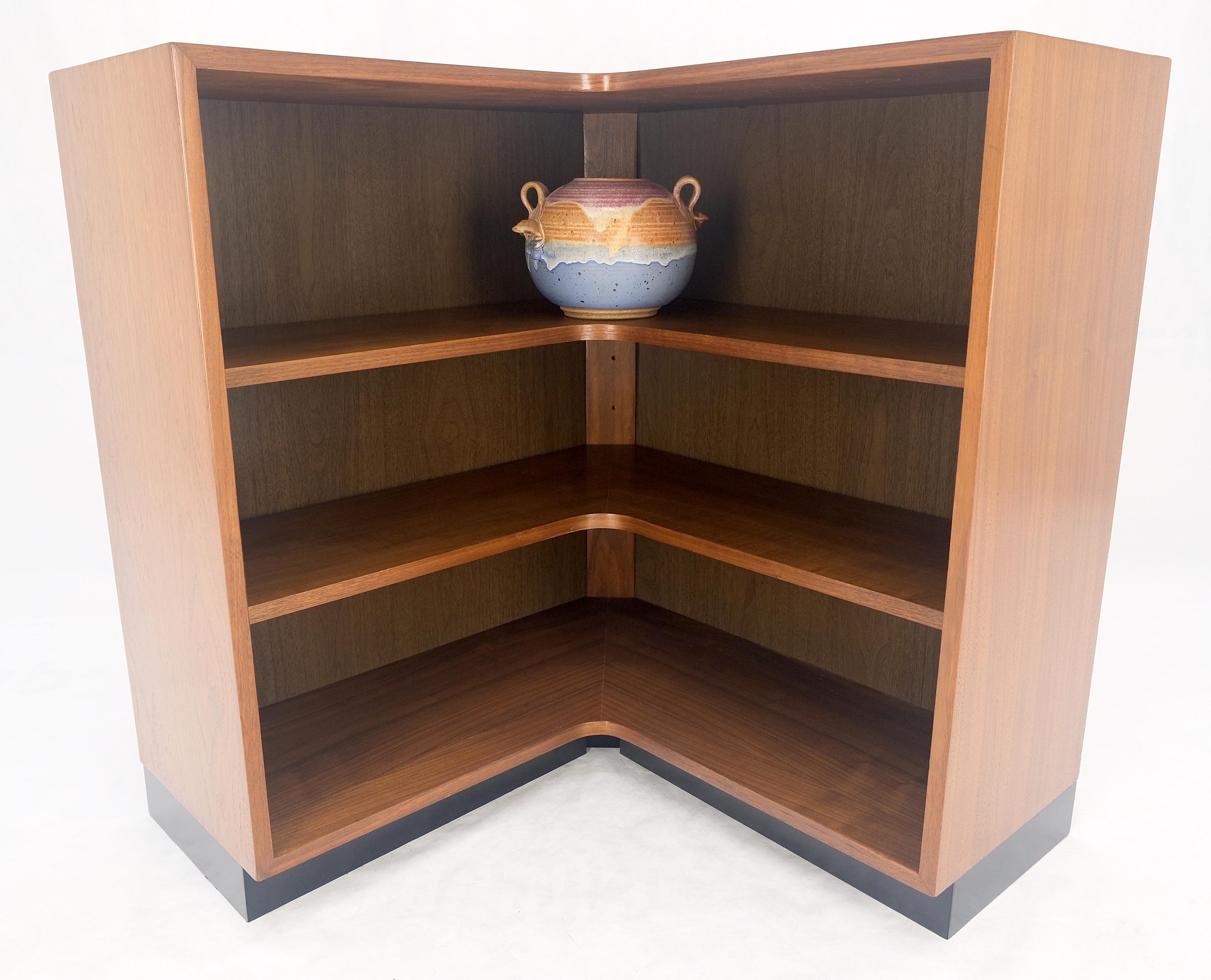 Lacquered Oiled Walnut Mid Century Modern Back Plinth Base 3 Tier Bookcase Shelves Cabinet For Sale