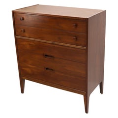 Vintage Oiled Walnut Mid-Century Modern High Chest 4 Drawers Dresser