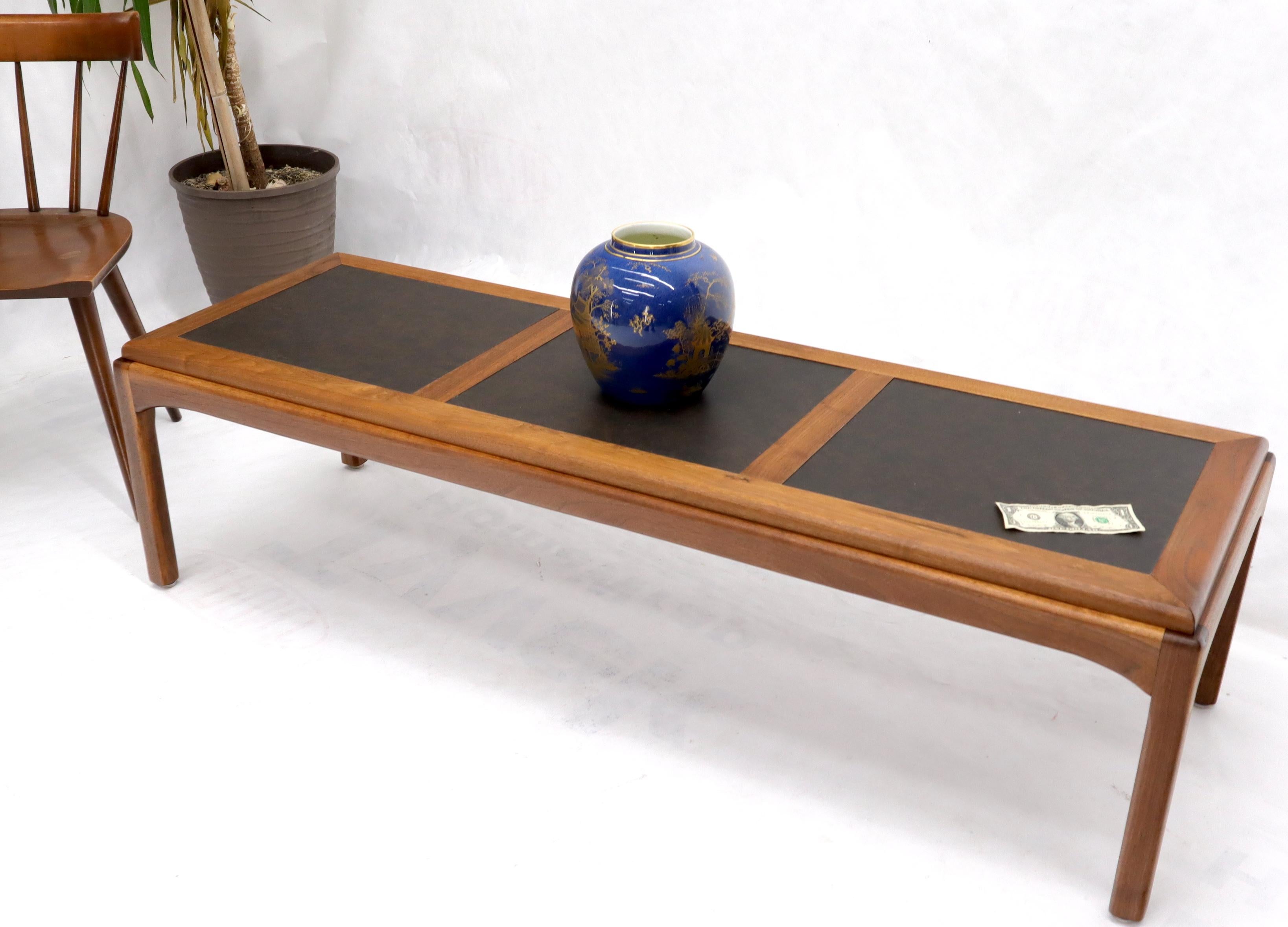 Mid-Century Modern oiled walnut long rectangular coffee table with three sections faux slate top.
