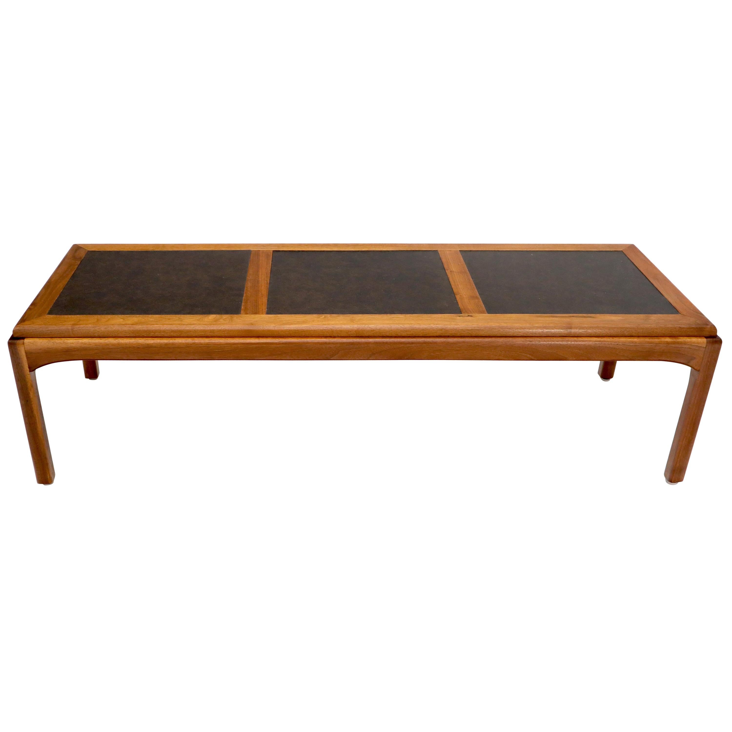 Oiled Walnut Three Sections Faux Slate Top Rectangular Coffee Table