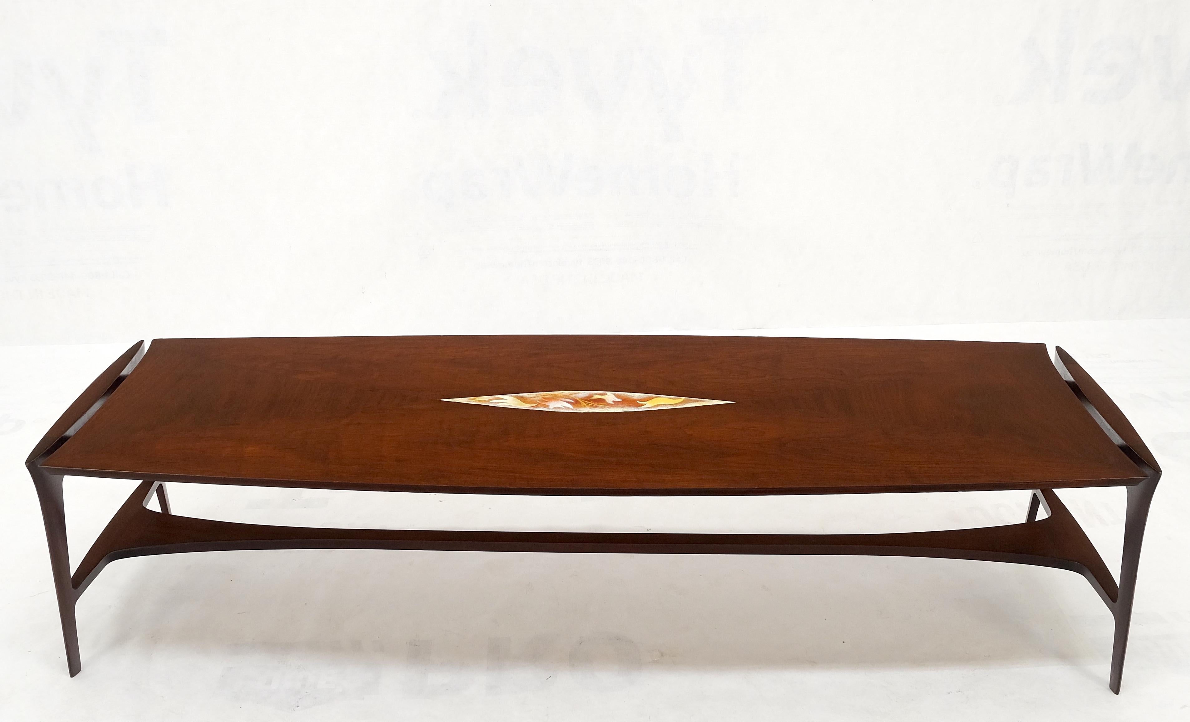 Oiled Walnut Tile Insert Floating Top Mid-Century Long Surfboard Coffee Table For Sale 4