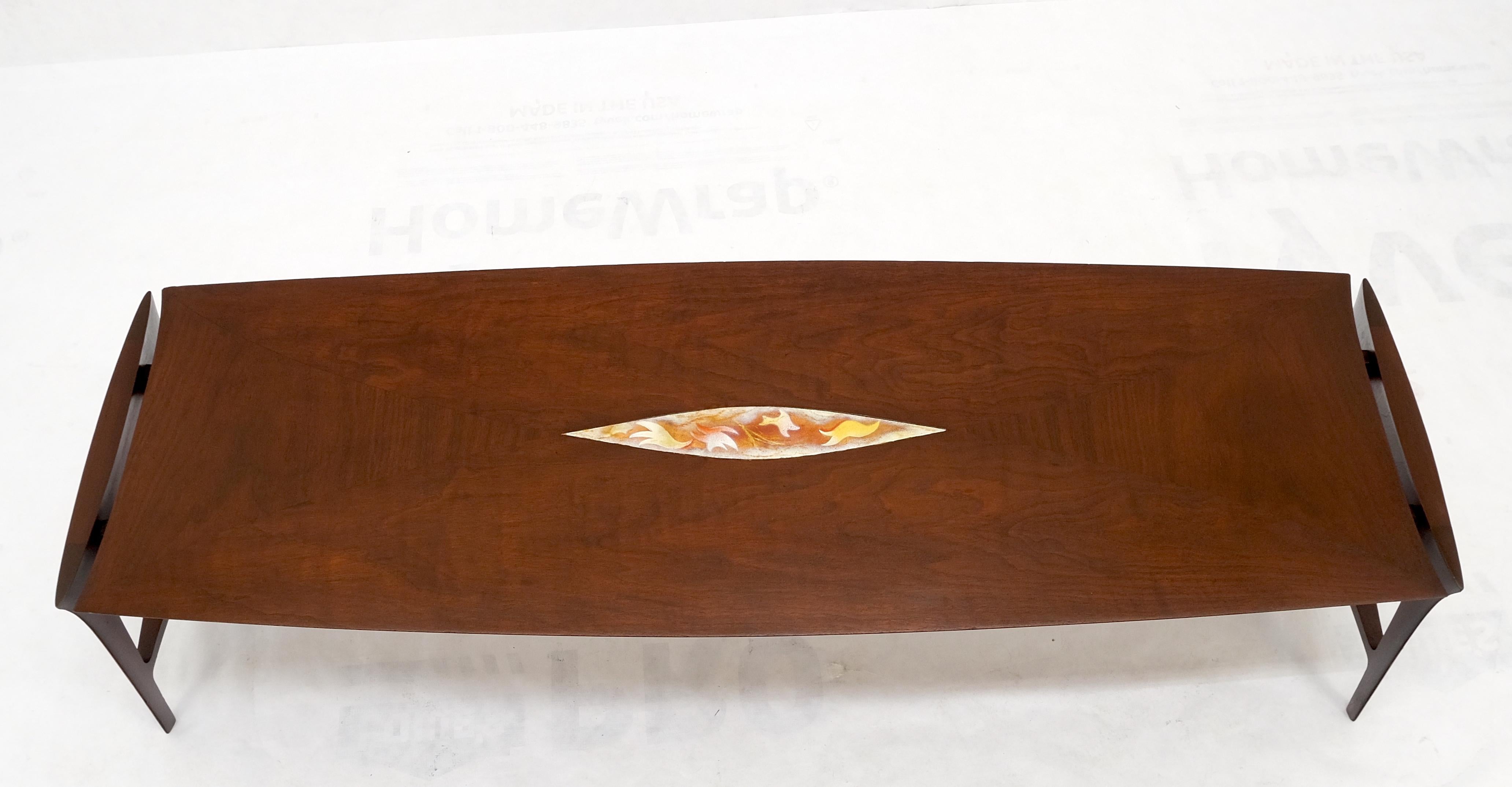Oiled Walnut Tile Insert Floating Top Mid-Century Long Surfboard Coffee Table For Sale 3