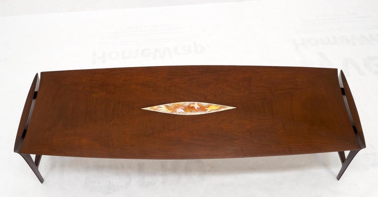 Oiled Walnut Tile Insert Floating Top Mid-Century Long Surfboard Coffee Table For Sale 5