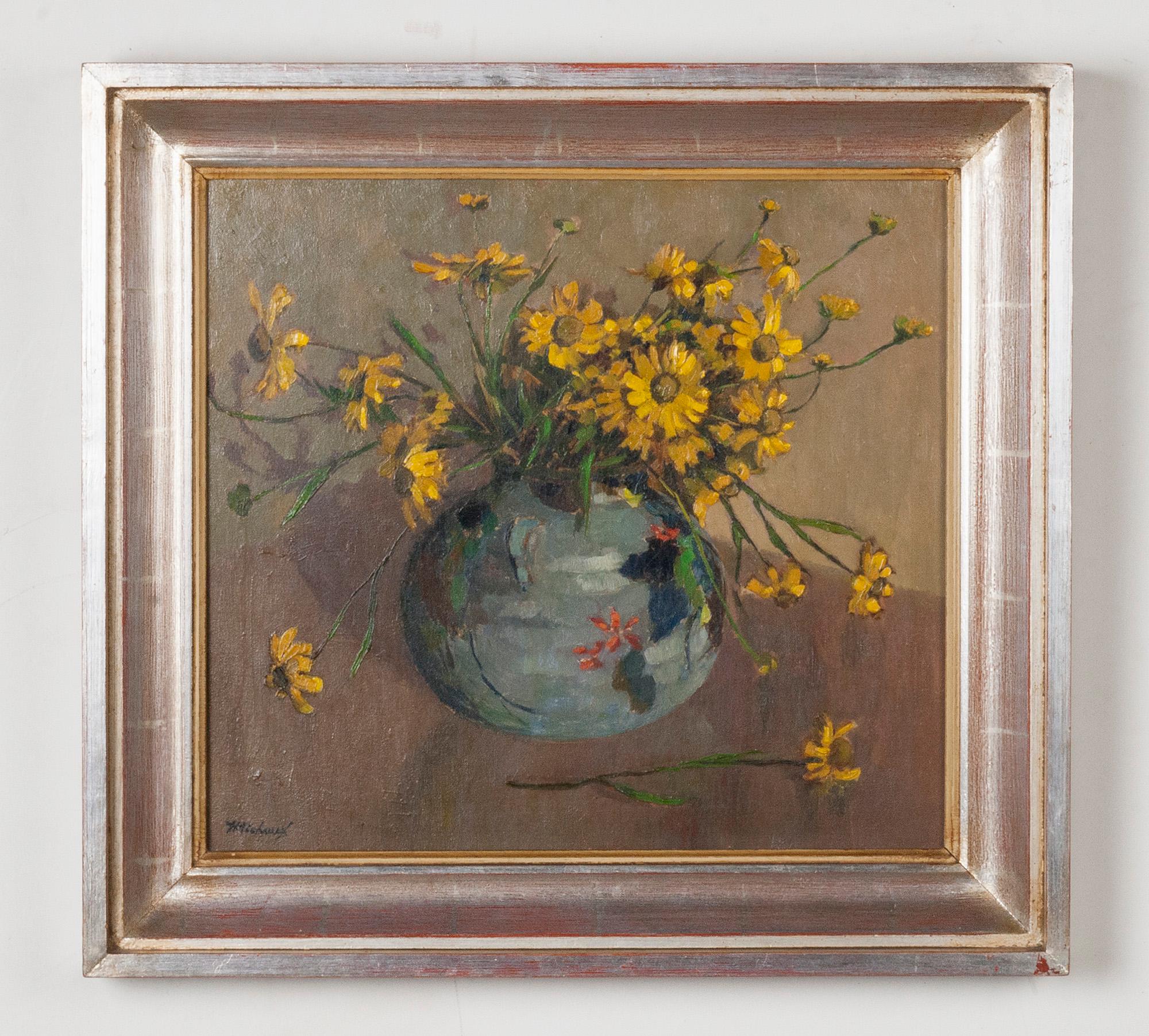 Flower still life, yellow wild flowers in an earthenware blue vase. It is a realistic painting; it is not a stylized bunch of flowers in a vase, but an everyday bouquet.
This painting was painted by Henri Michaux. Probably in his early years, maybe