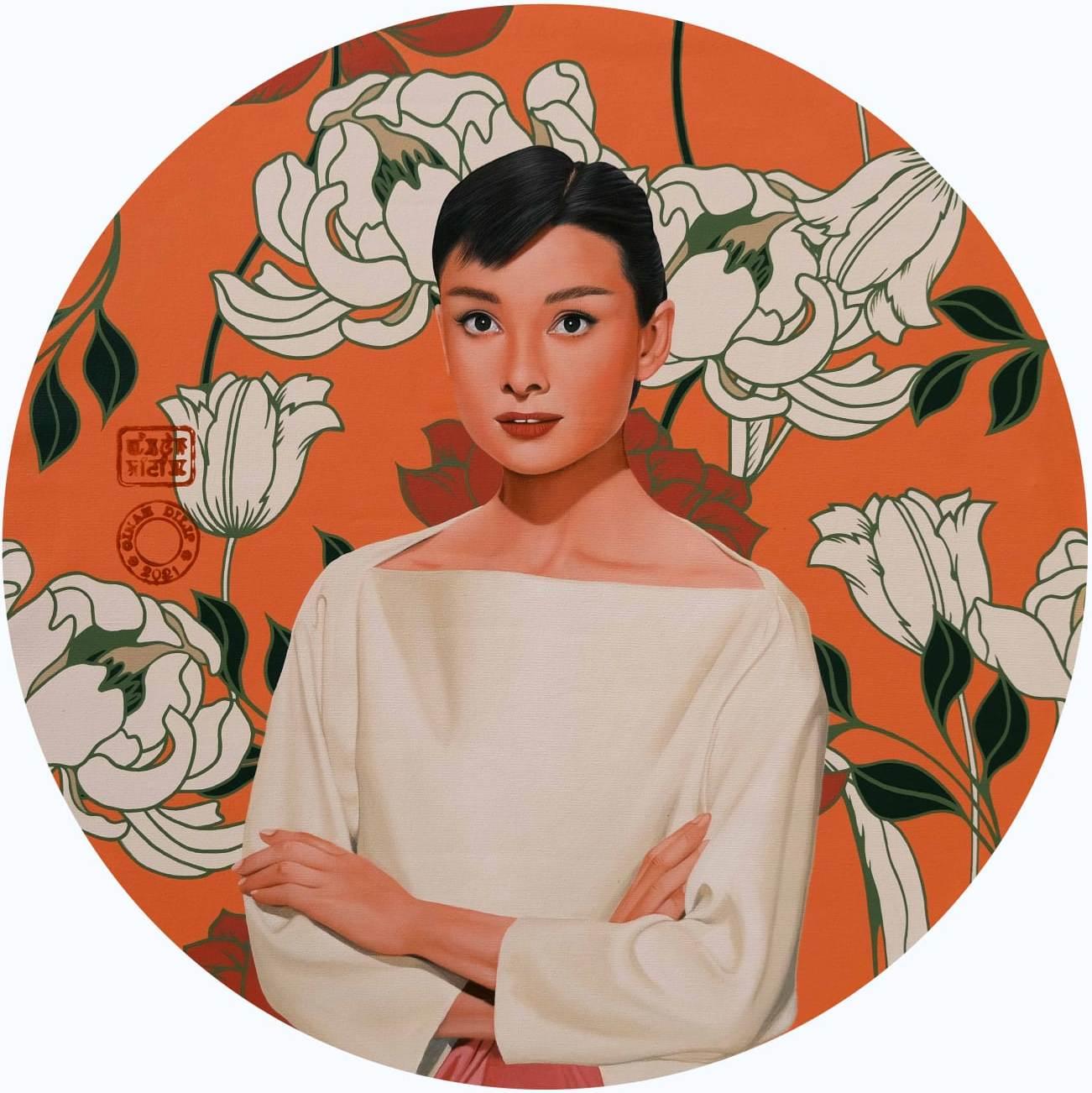 Oinam Dilip Figurative Painting - Audrey Hepburn VI, Orange Black, Orange Color, Acrylic, Canvas "In Stock"