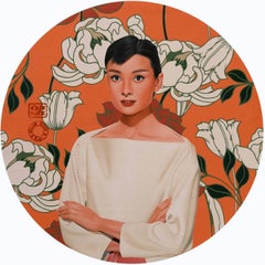 Audrey Hepburn VI, orange, noir, couleur orange, acrylique, toile « en stock »