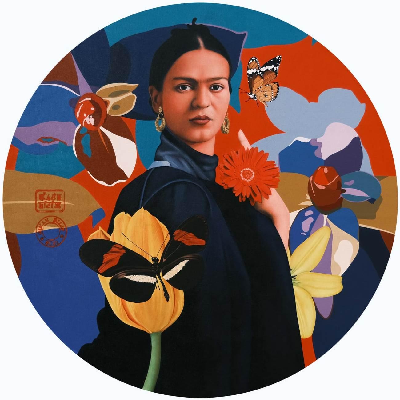 Oinam Dilip Figurative Painting - Frida Kahlo XXV, Orange Blue Yellow, Red Color, Acrylic, Canvas "In Stock"