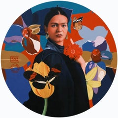Frida Kahlo XXV, Orange, Blau, Gelb, Rot Farbe, Acryl, Leinwand „Auf Lager“