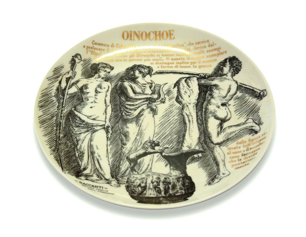 This Oinochoe is an elegant silk-screened porcelain plate, designed by Piero Fornasetti for Martini & Rossi in 1960s.

In excellent conditions: as good as new. 

Black and white ceramic Fornasetti wall plate, superbly decorated with the