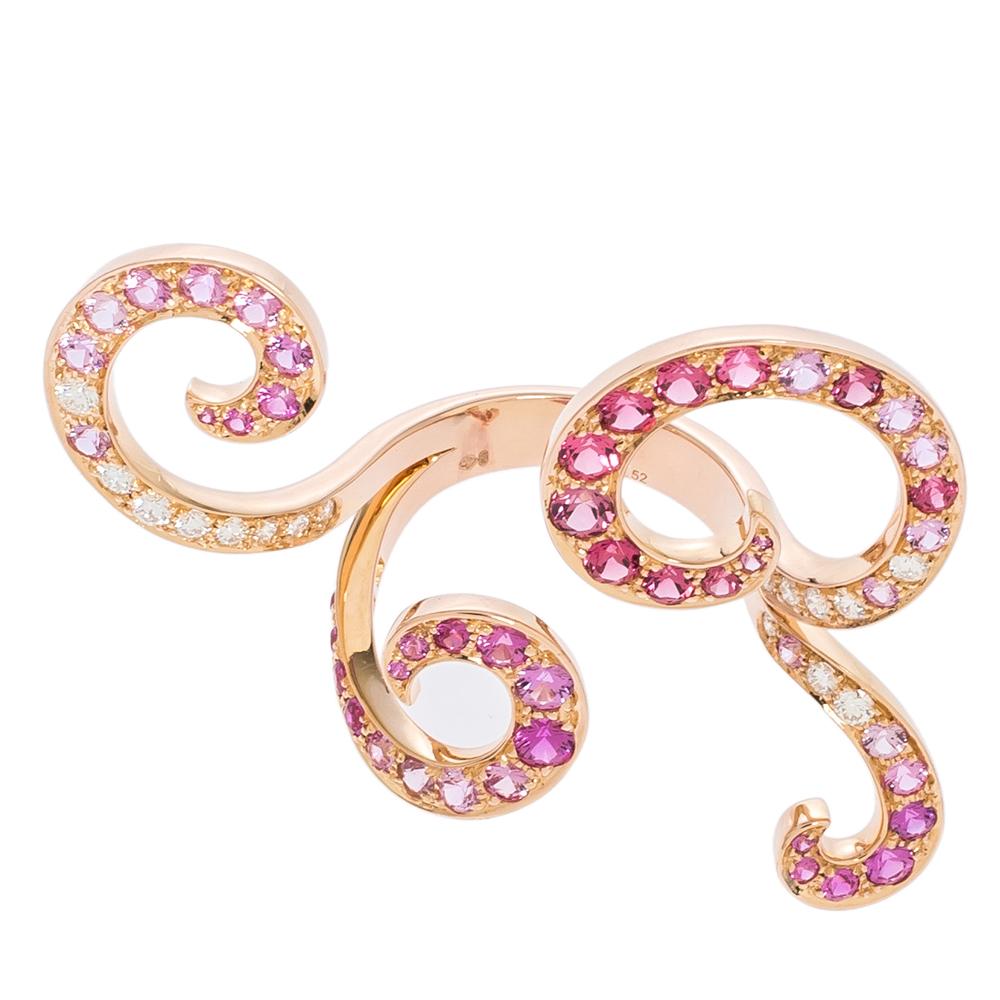 Oiseaux de Paradis Between The Finger Multi Gemstone 18K Rose Gold Ring Size 52 In Excellent Condition In Dubai, Al Qouz 2