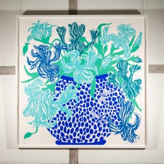 Blue Cut Flowers - Large Graphic Modern Blue + White Still Life Screenprint